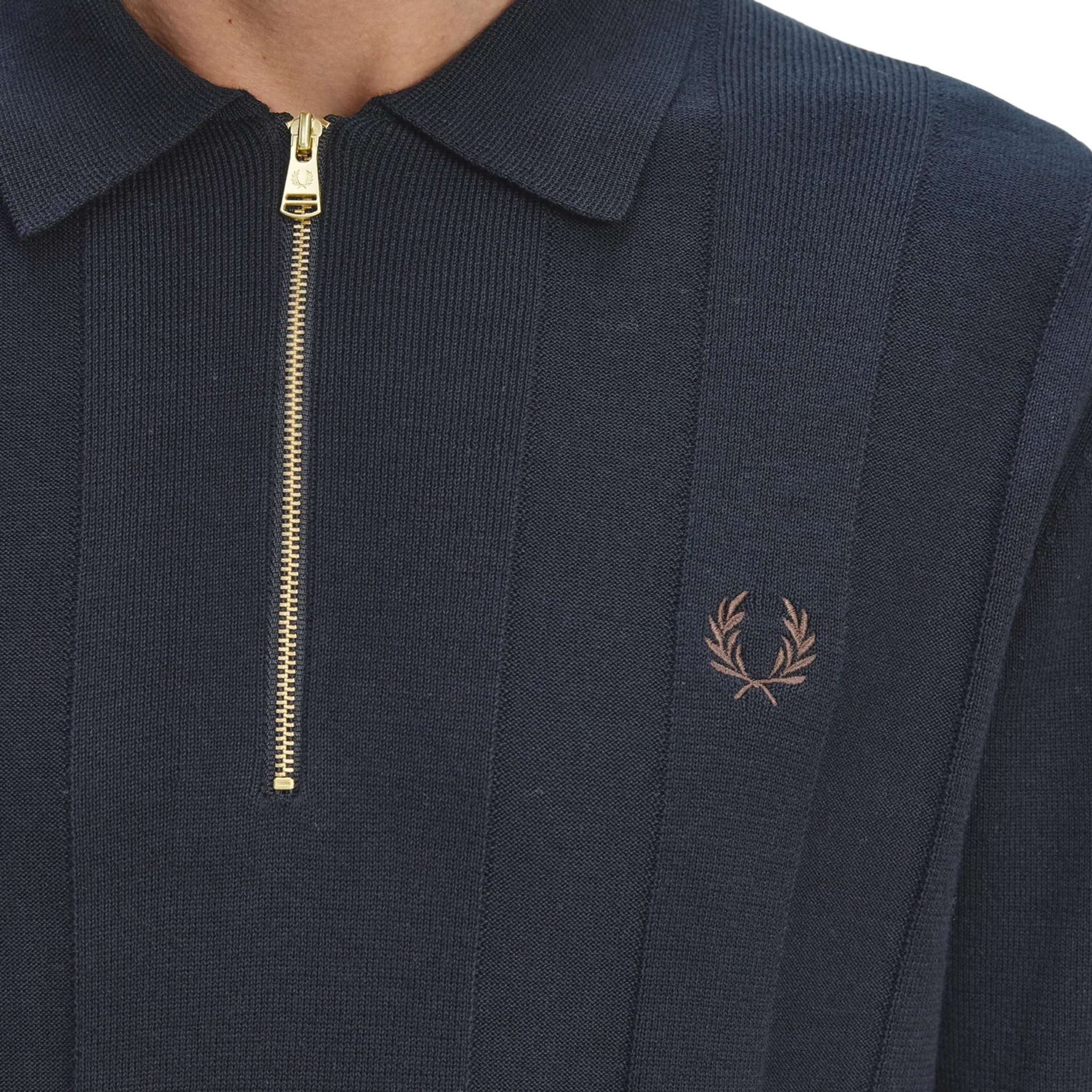 Mens Fred Perry Navy Tonal Stripe Knitted Zip Neck L/s Polo - Image 4