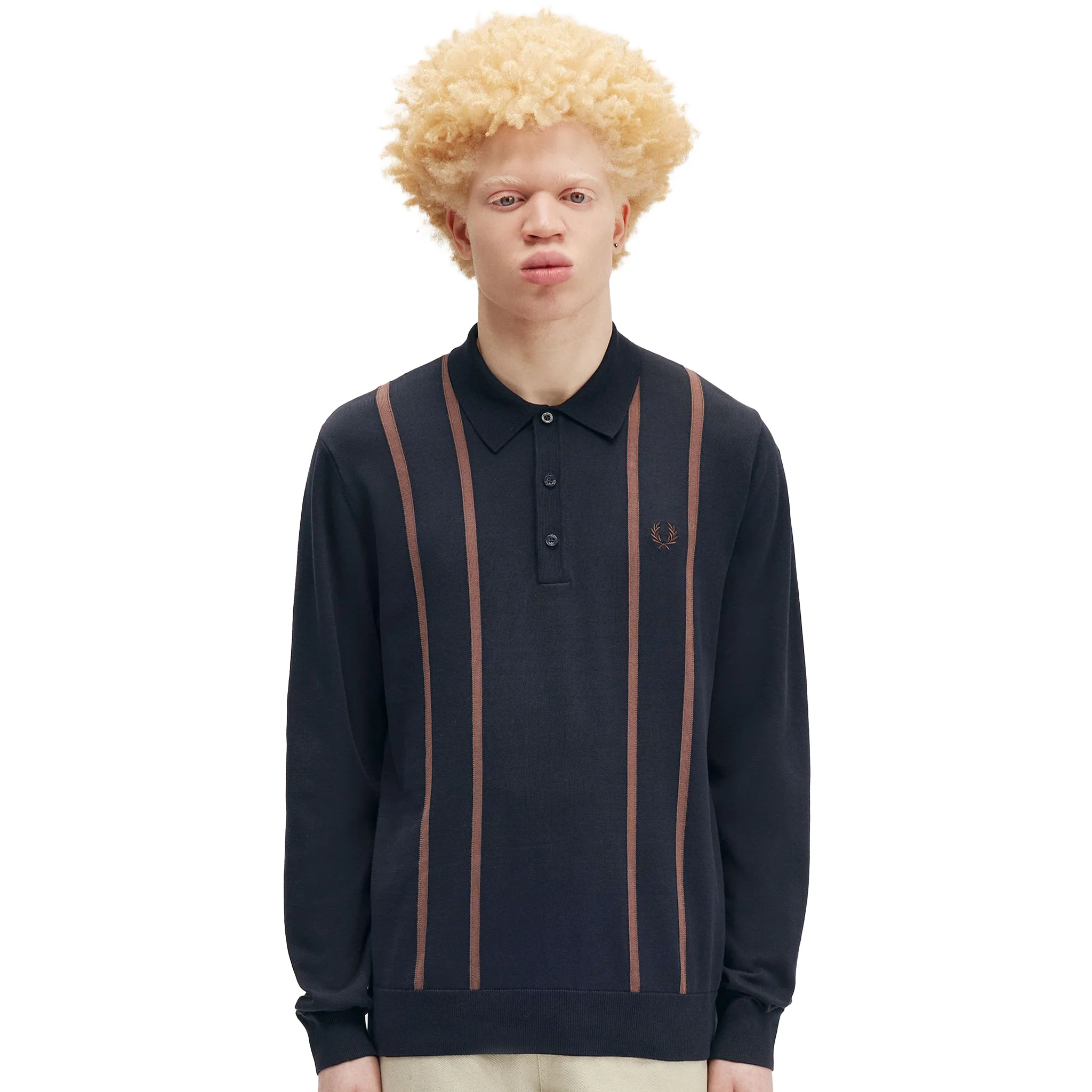 Mens Fred Perry Navy Vertical Stripe Knit L/s Polo - Image 2