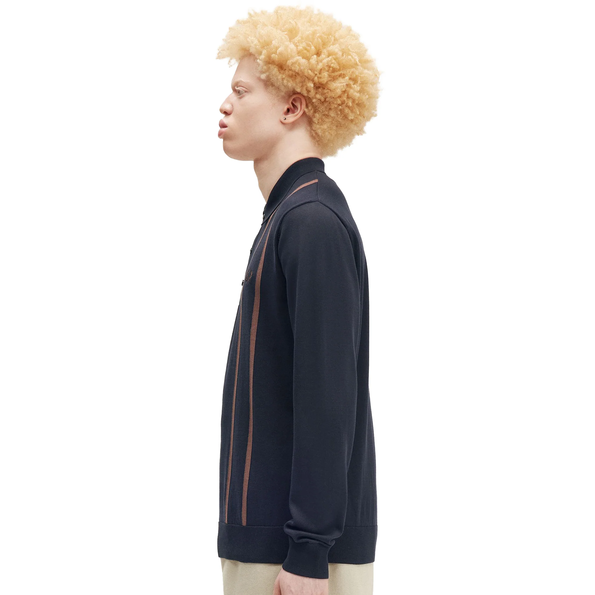 Mens Fred Perry Navy Vertical Stripe Knit L/s Polo - Image 3