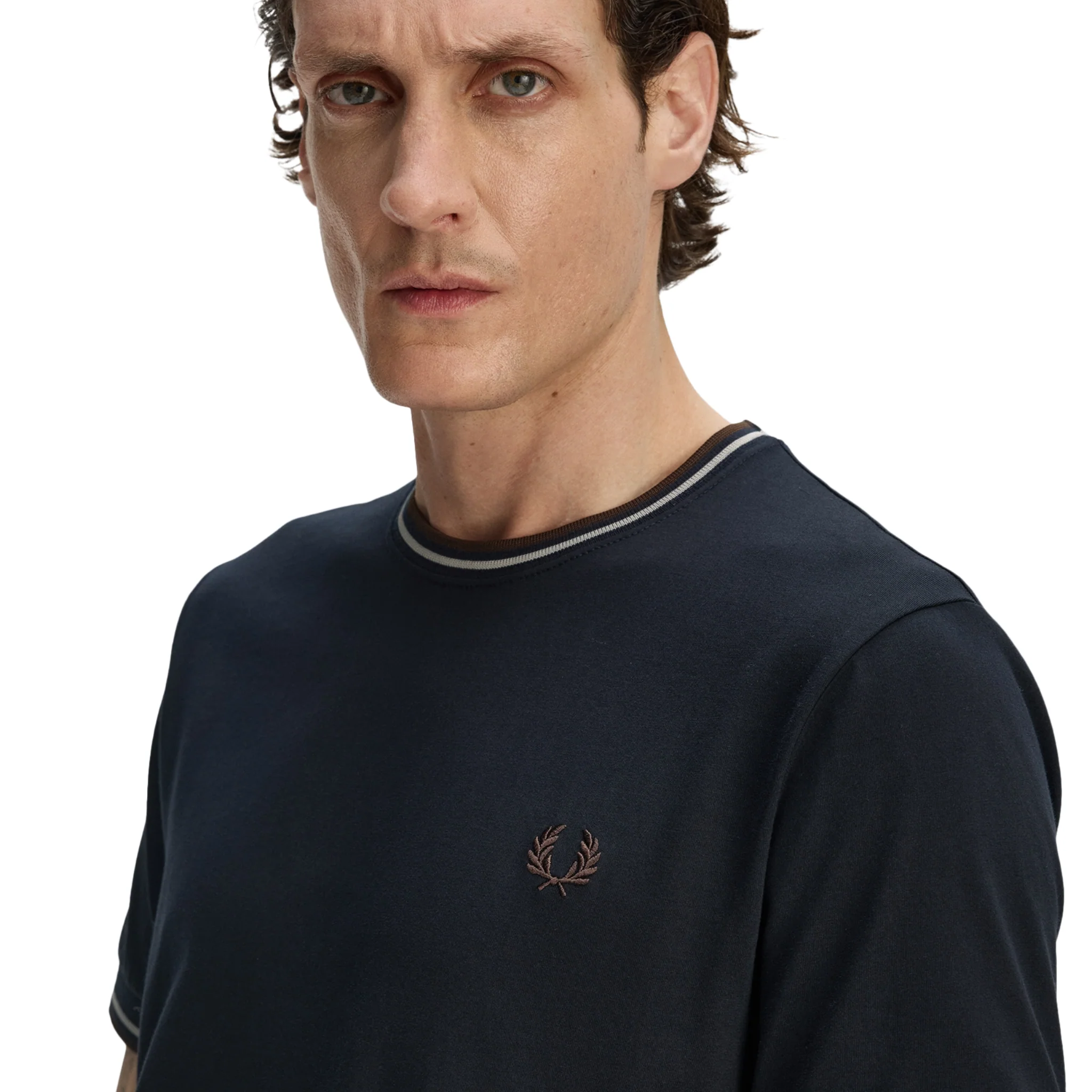 Mens Fred Perry Navy/Warm Oat/Tobacco Twin Tipped S/s T Shirt - Image 2