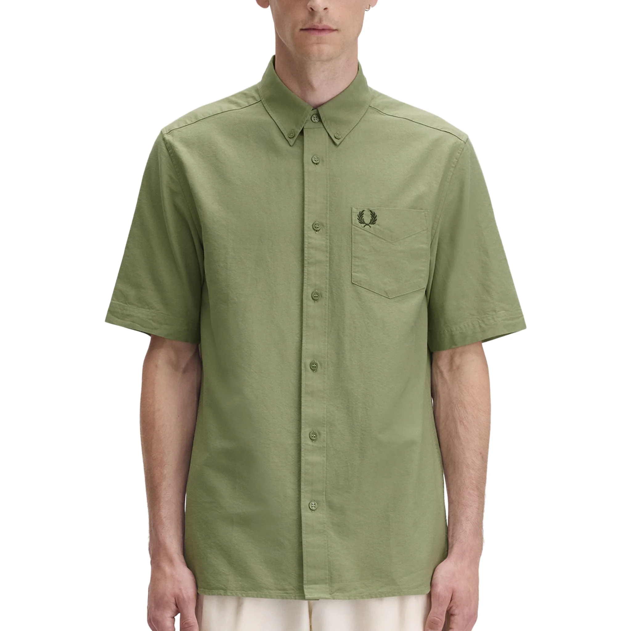 Mens Fred Perry Olive Mint Oxford S/s Shirt - Image 2