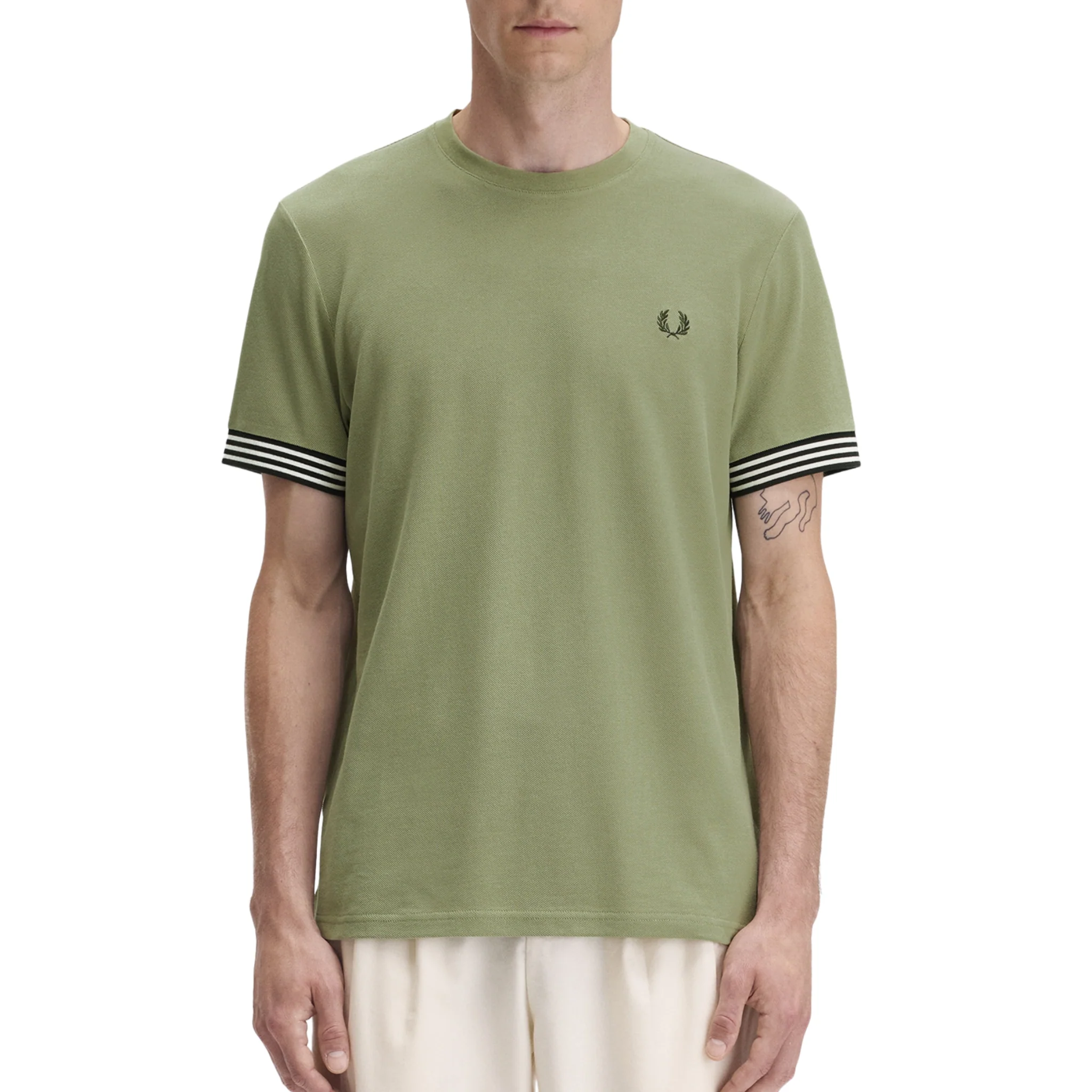 Mens Fred Perry Olive Mint Striped Cuff S/s T Shirt - Image 2