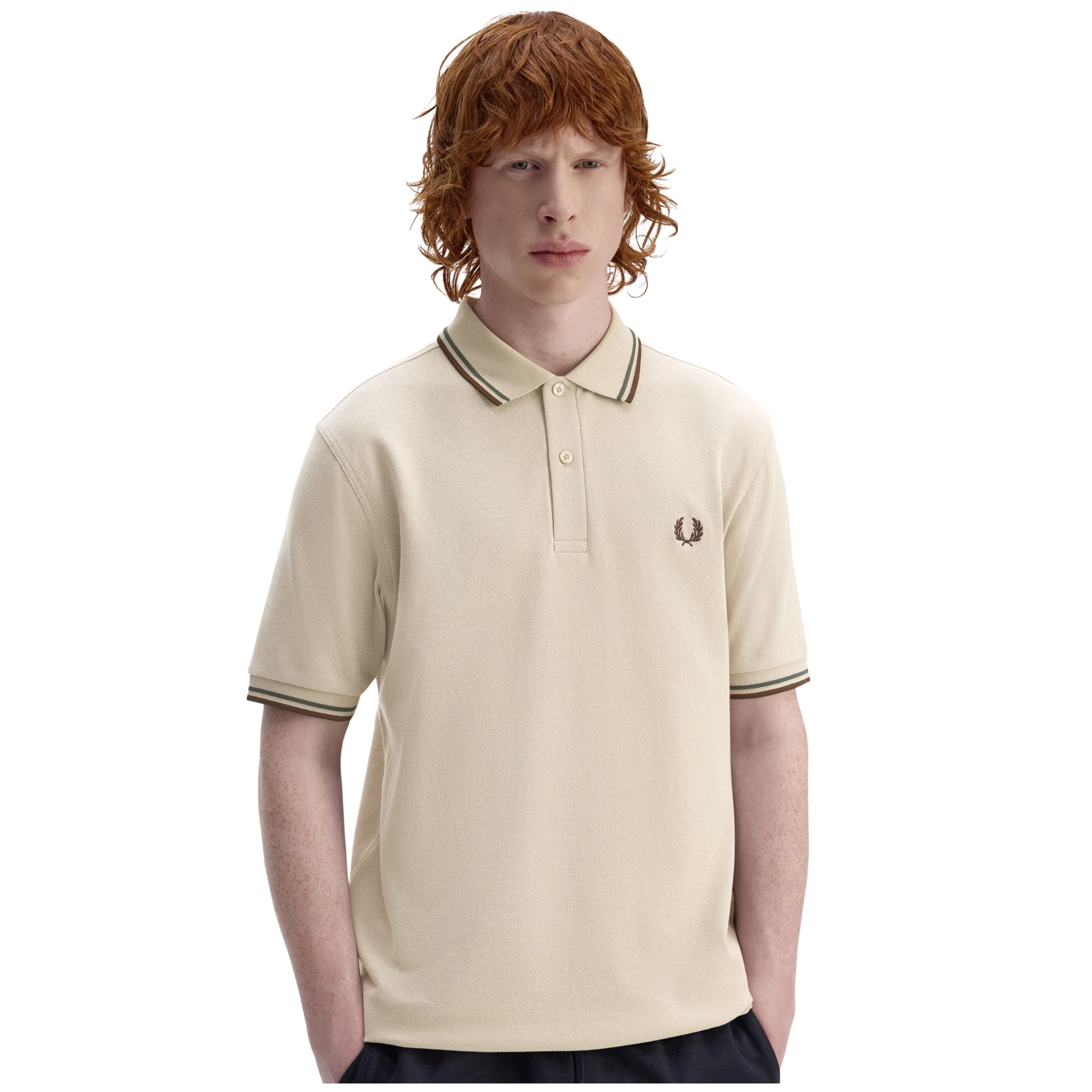 Mens Fred Perry Warm Oat/Court Green/Tobacco Twin Tipped S/s Polo - Image 2