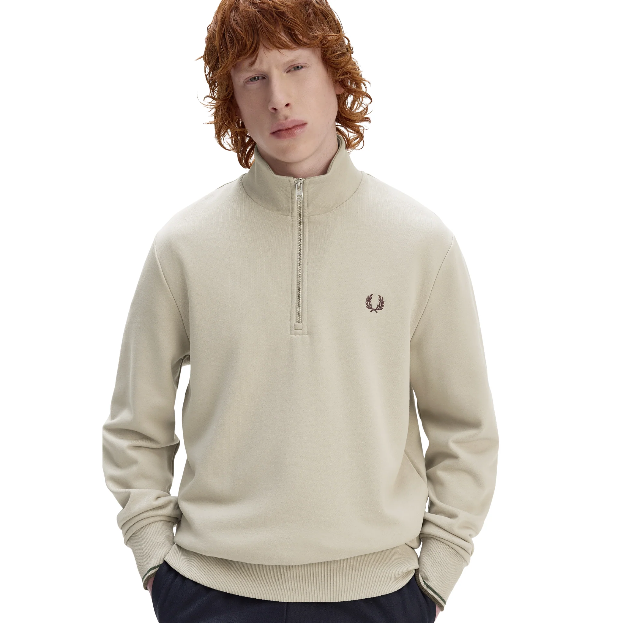 Mens Fred Perry Warm Oat Half Zip Sweatshirt - Image 2