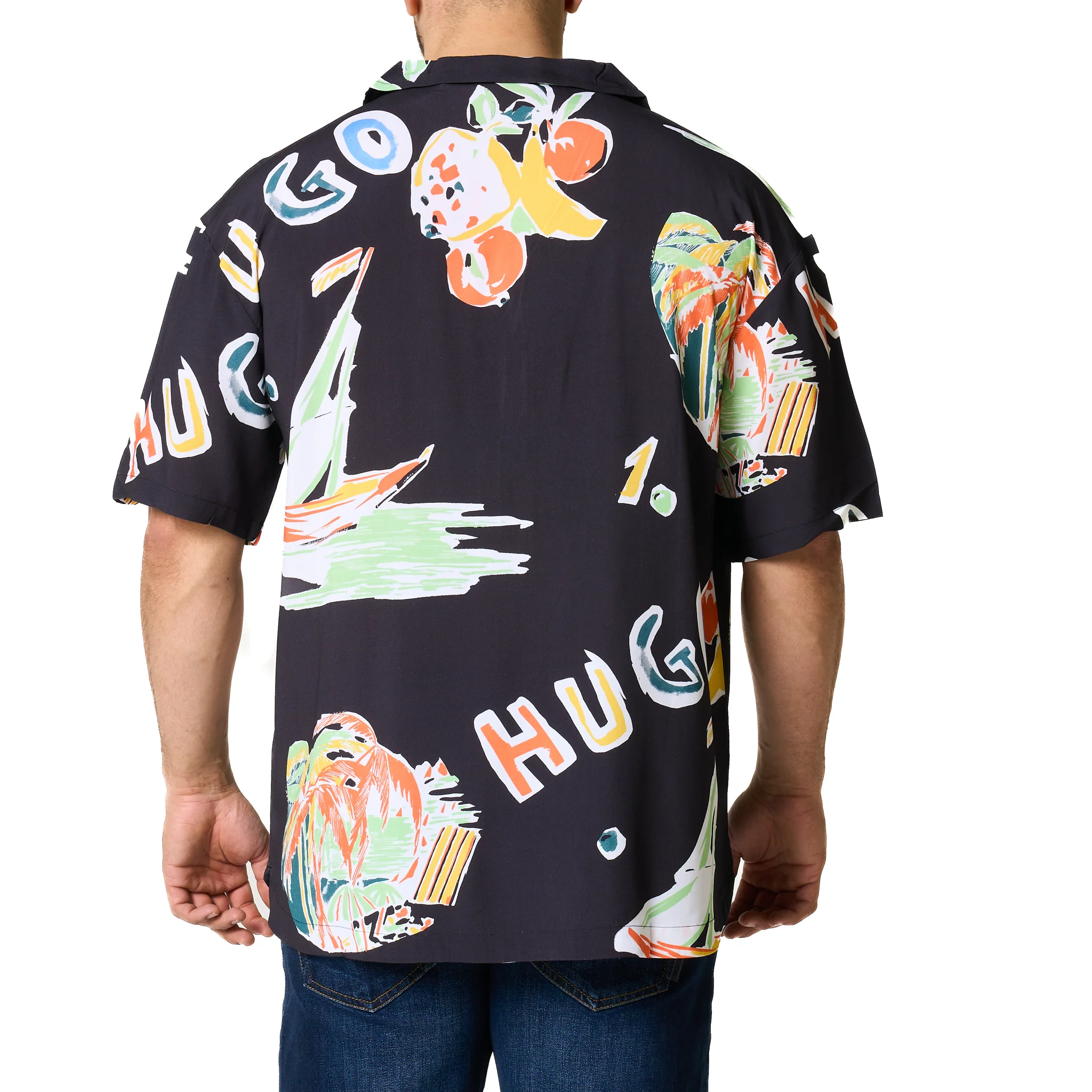 Mens HUGO Black Printed Relaxed Beach Shirt - Image 10