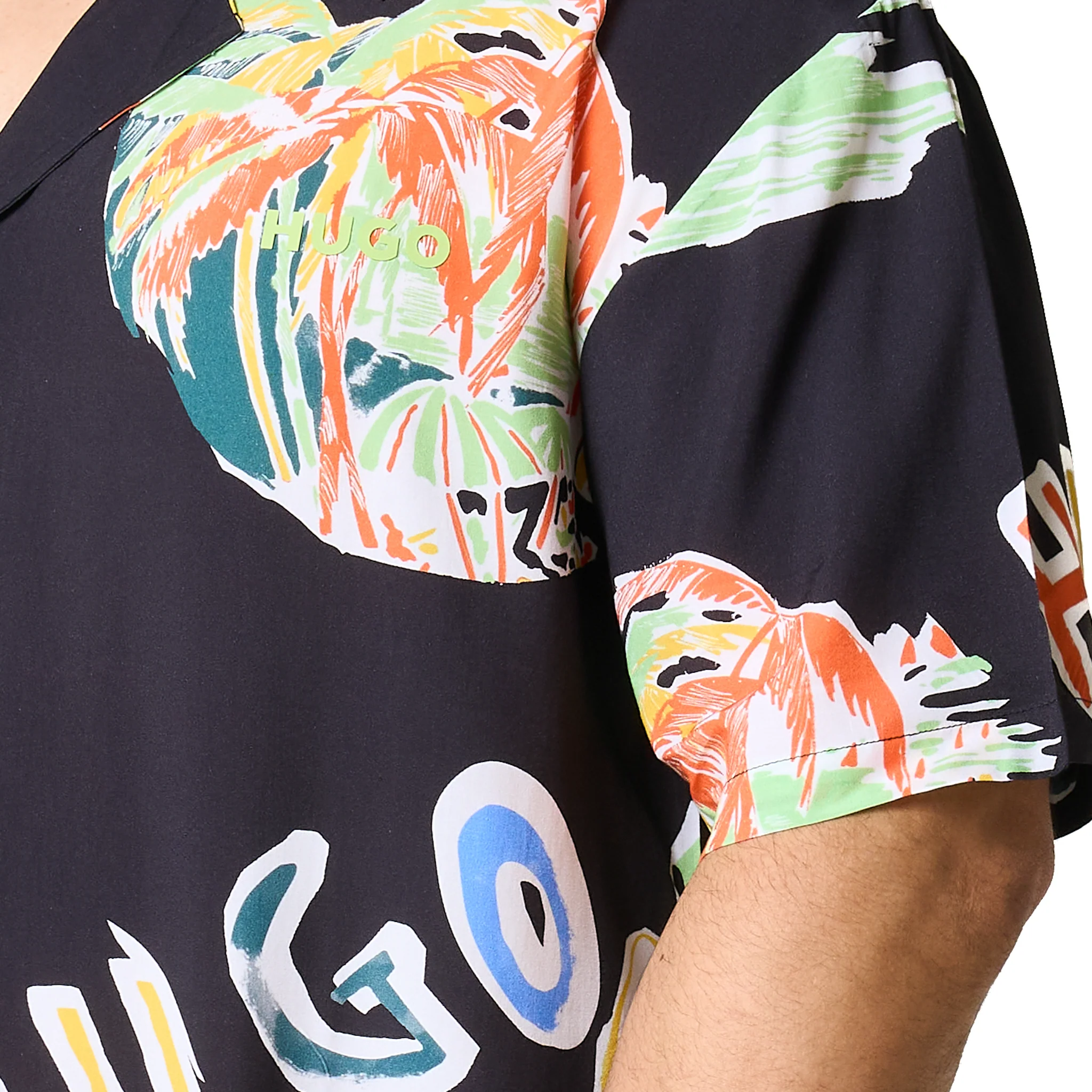 Mens HUGO Black Printed Relaxed Beach Shirt - Image 11