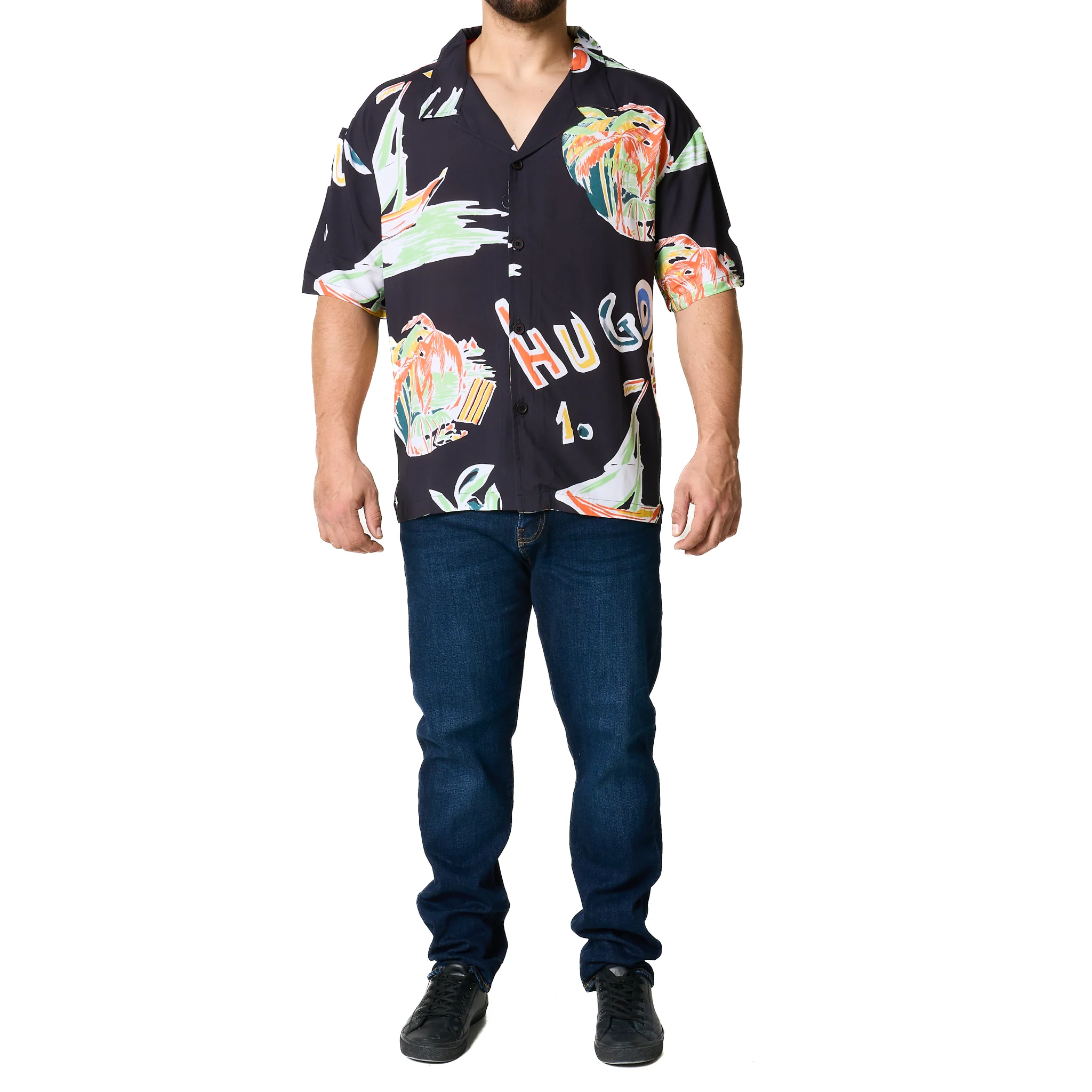 Mens HUGO Black Printed Relaxed Beach Shirt - Image 2
