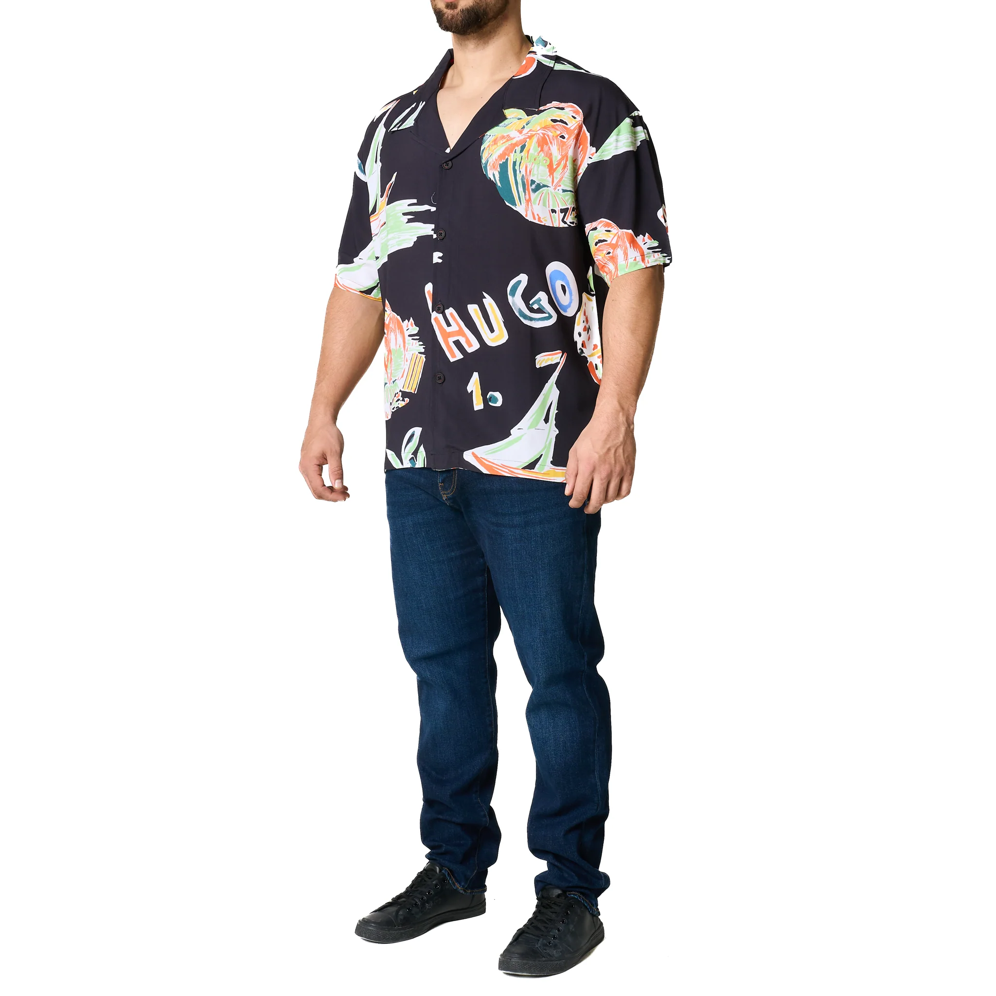 Mens HUGO Black Printed Relaxed Beach Shirt - Image 3