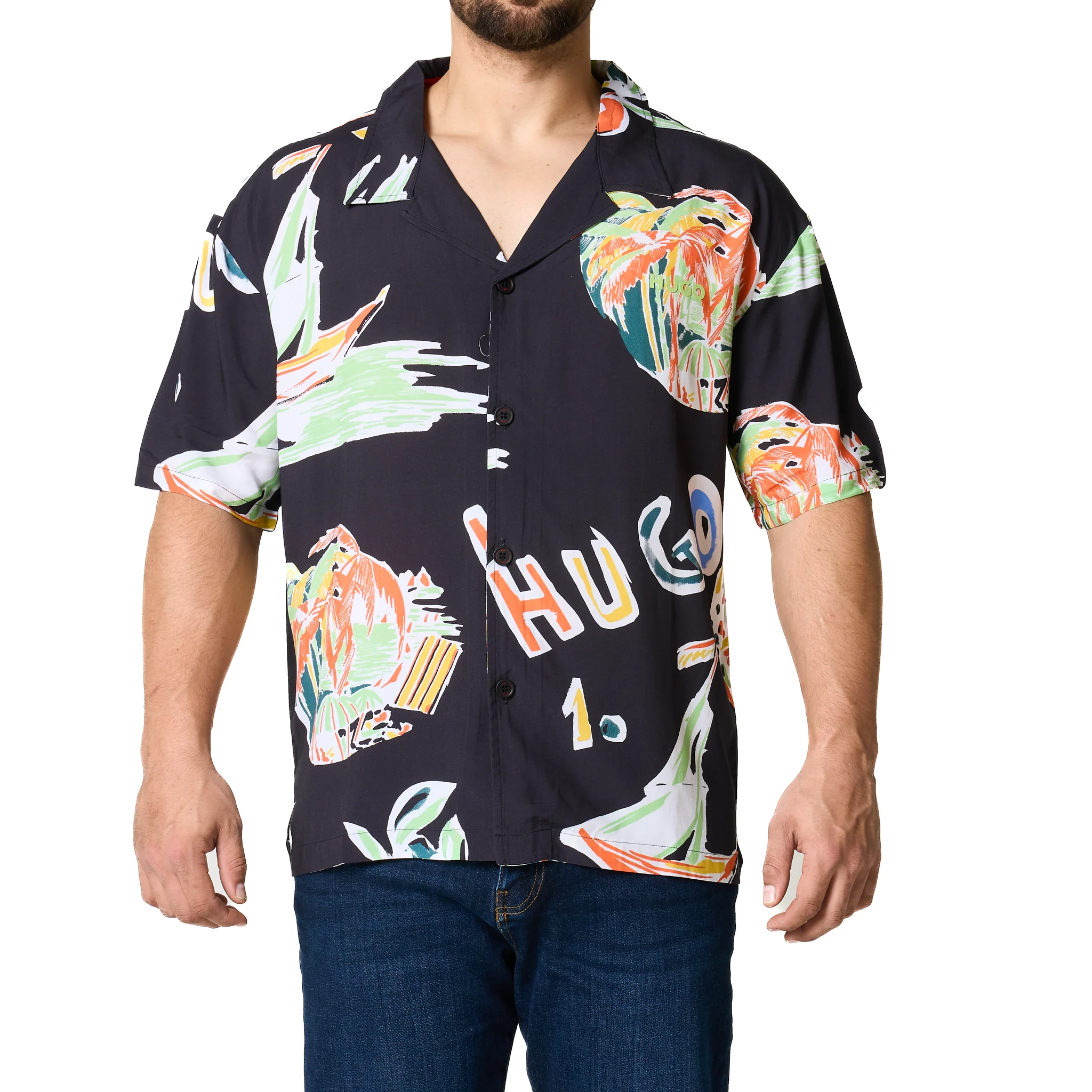 Mens HUGO Black Printed Relaxed Beach Shirt - Image 4