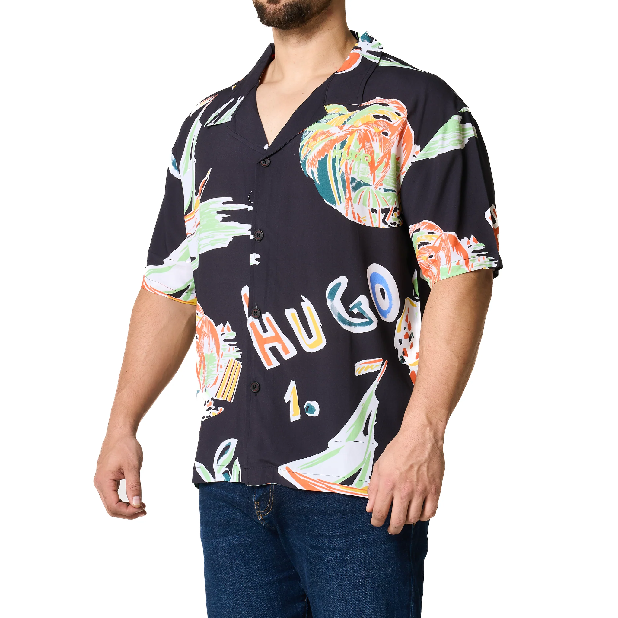 Mens HUGO Black Printed Relaxed Beach Shirt - Image 5