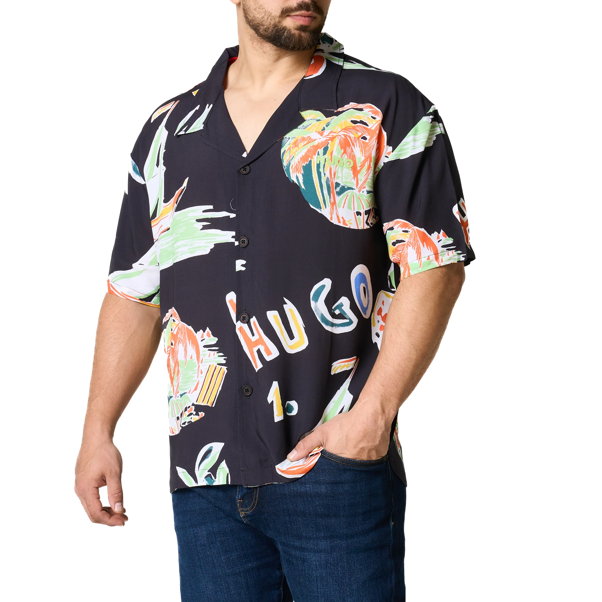 Mens HUGO Black Printed Relaxed Beach Shirt - Image 6