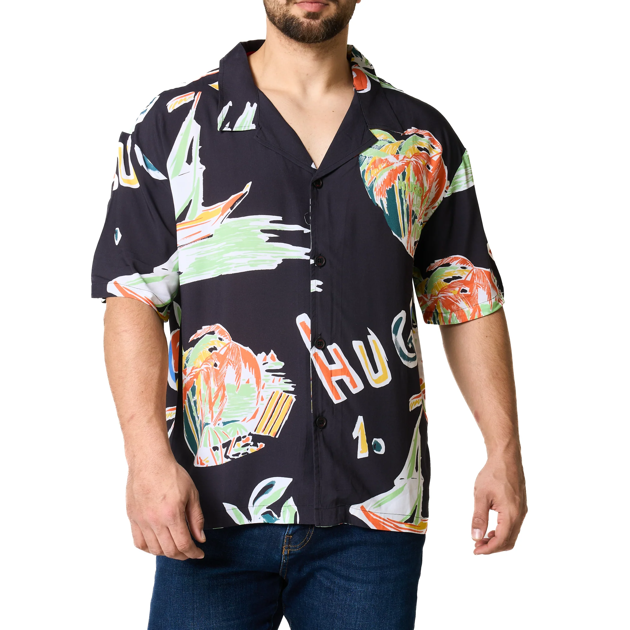 Mens HUGO Black Printed Relaxed Beach Shirt - Image 7