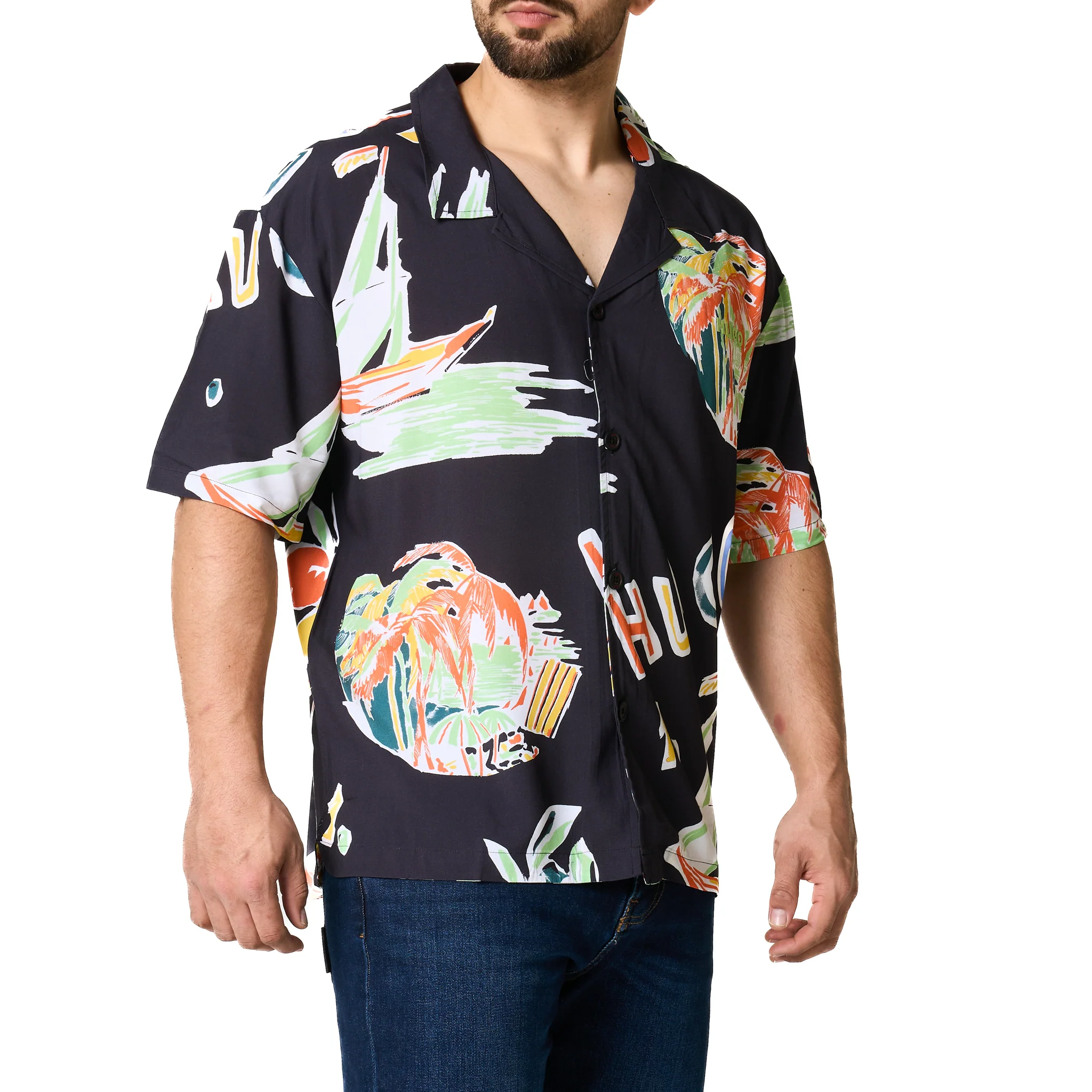 Mens HUGO Black Printed Relaxed Beach Shirt - Image 8