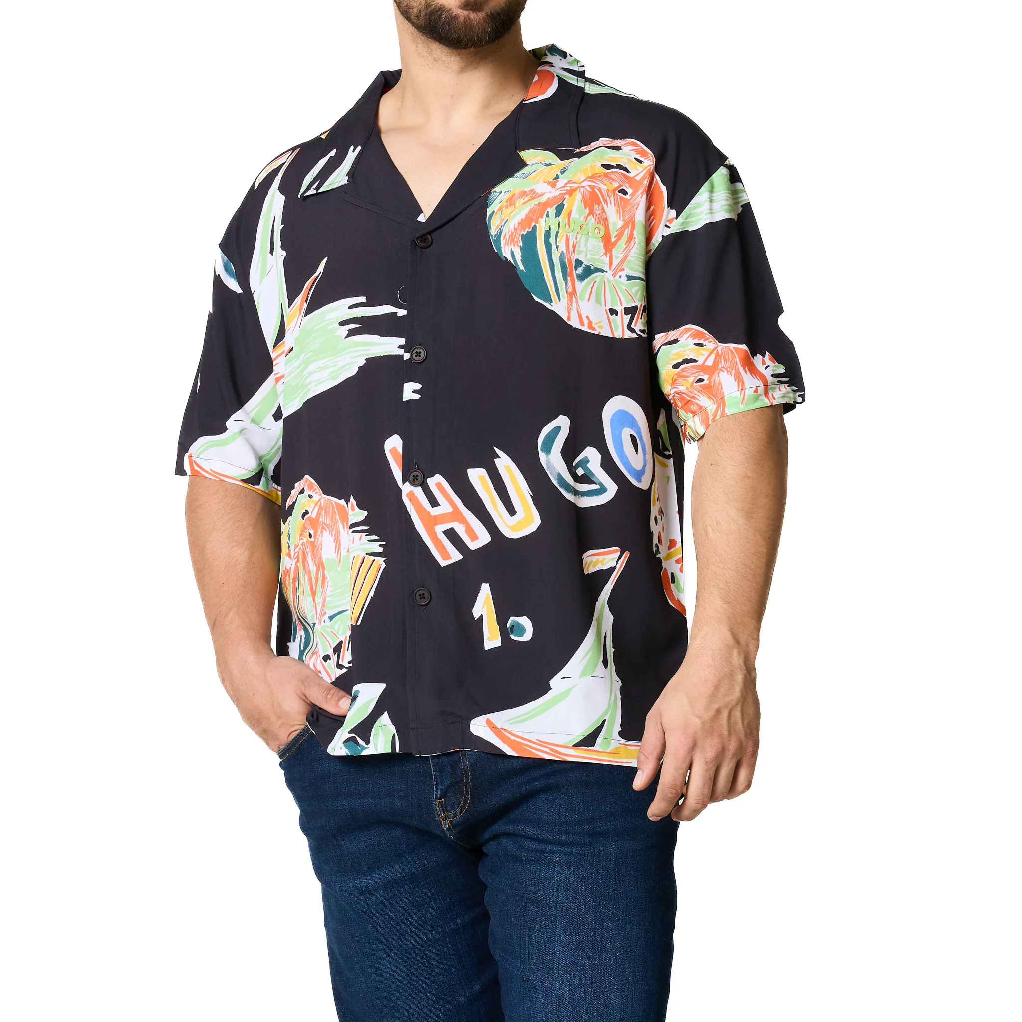 Mens HUGO Black Printed Relaxed Beach Shirt - Image 9