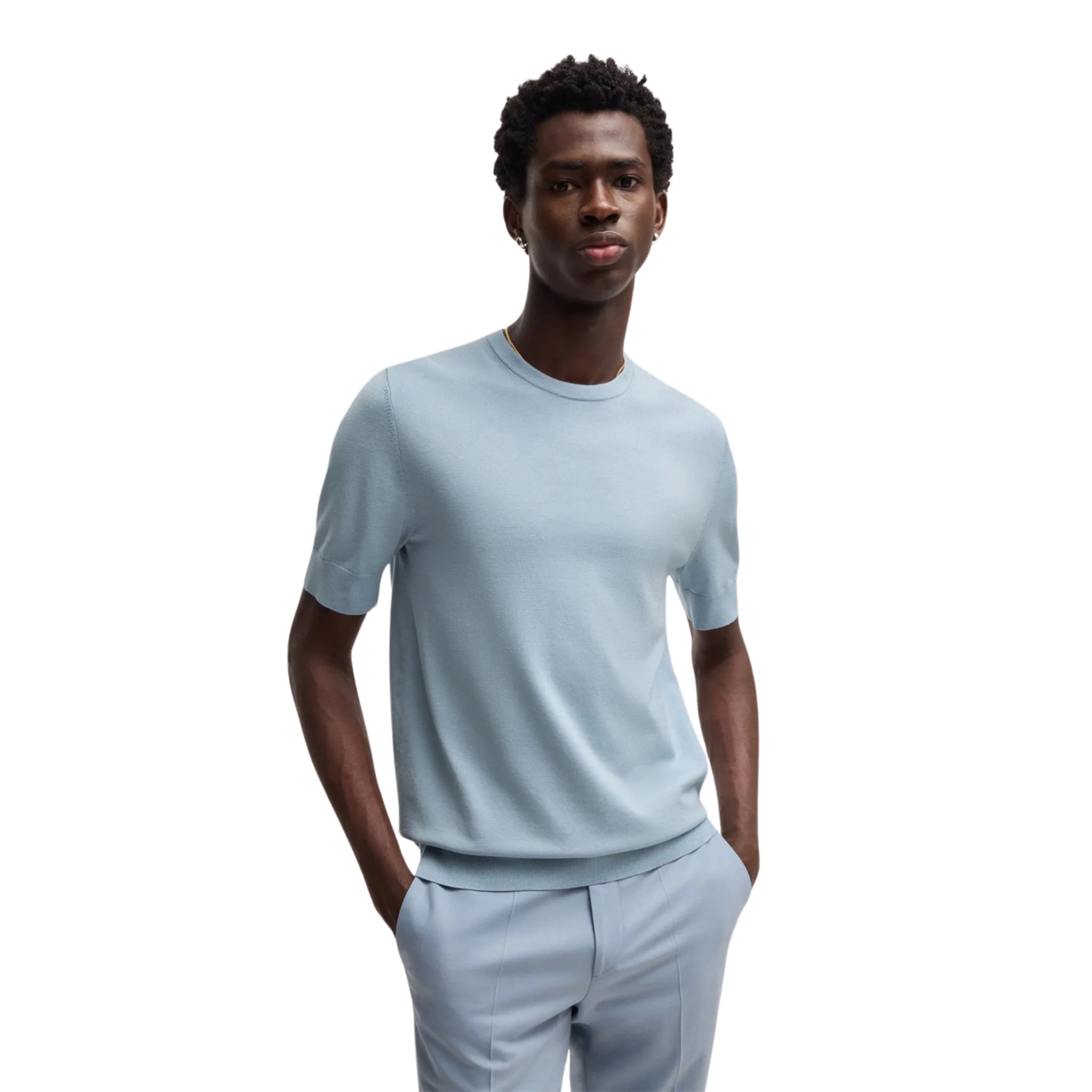 Mens HUGO Blue San Carl-CV Knitted S/s T Shirt - Image 3
