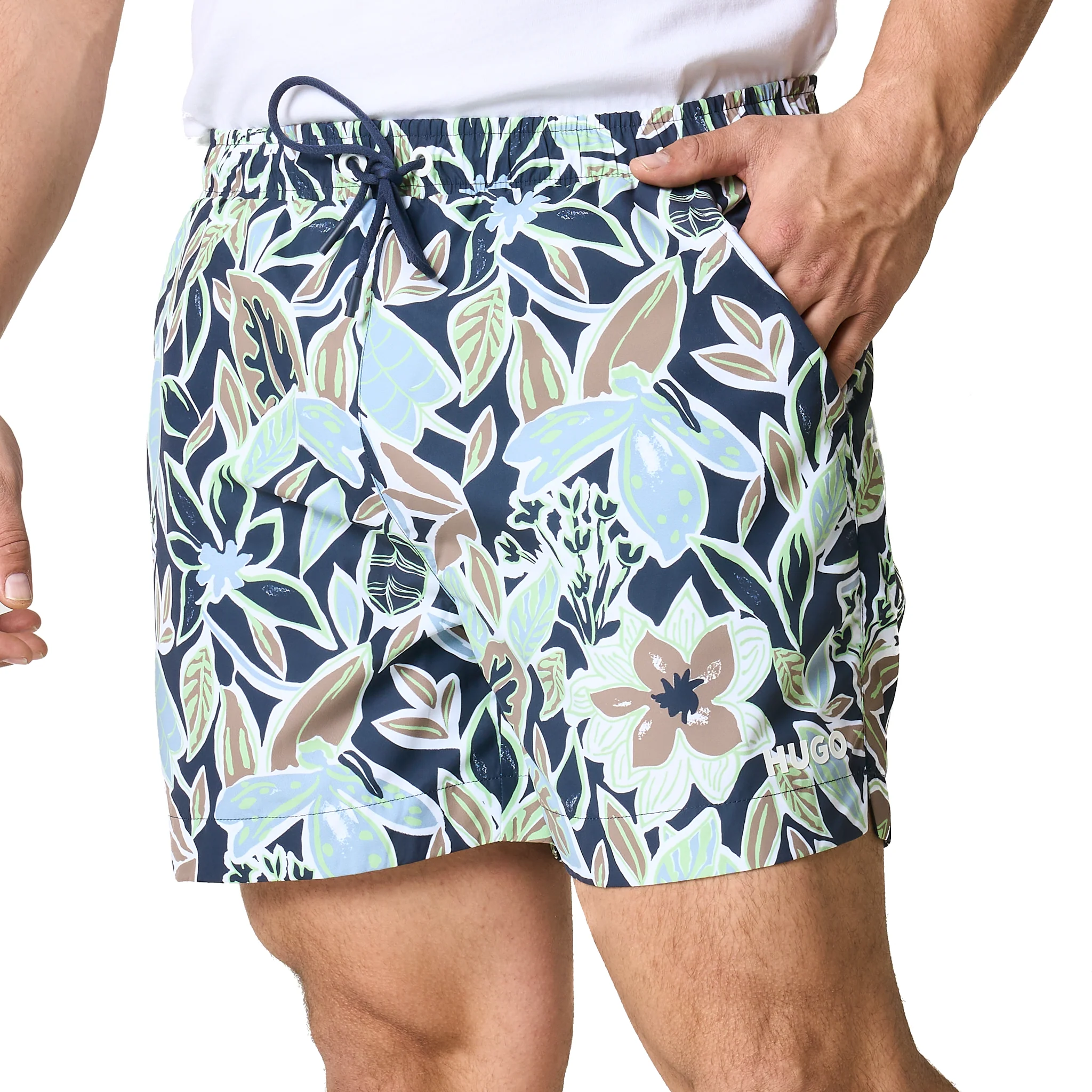 Mens HUGO Navy Calala Leaf Print Swim Shorts - Image 3