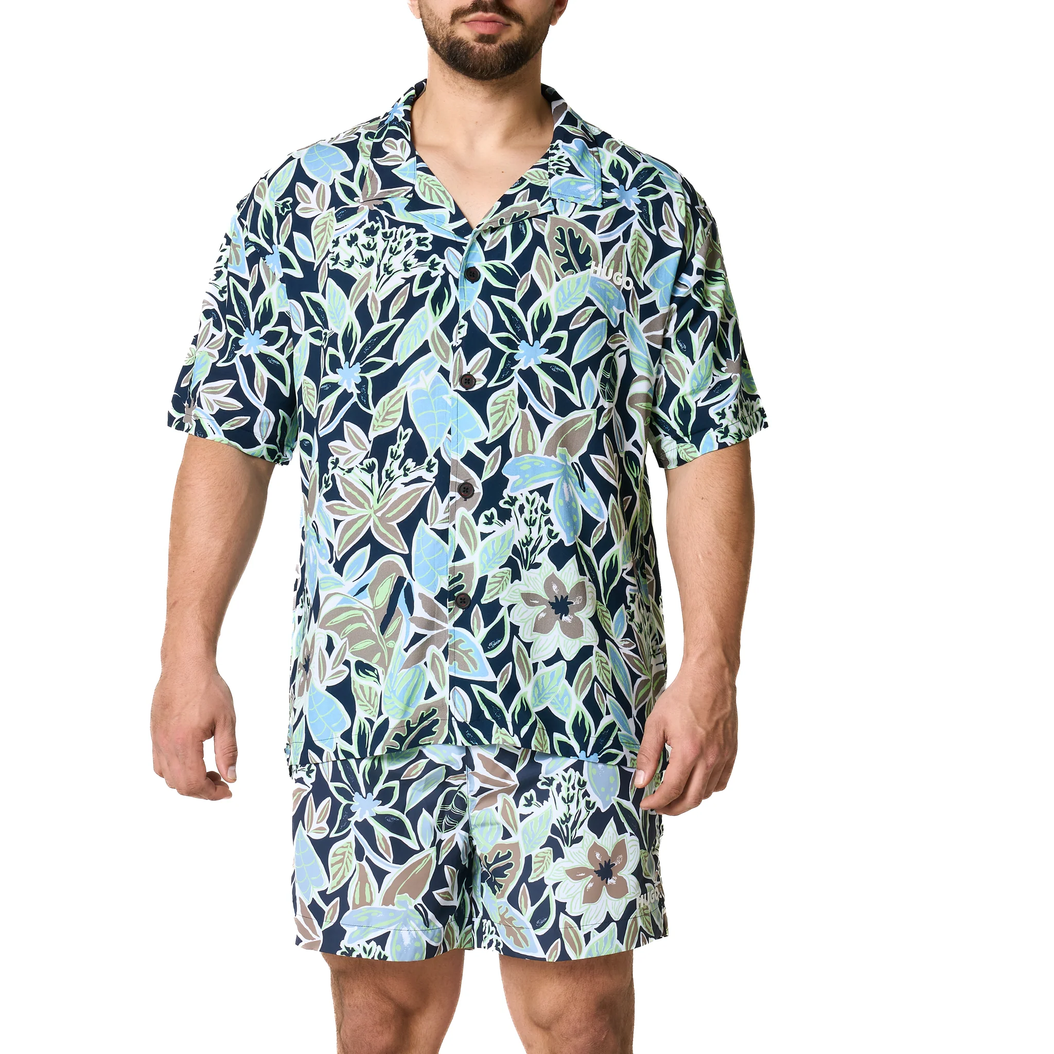 Mens HUGO Navy Leaf Print Relaxed Beach Shirt - Image 2
