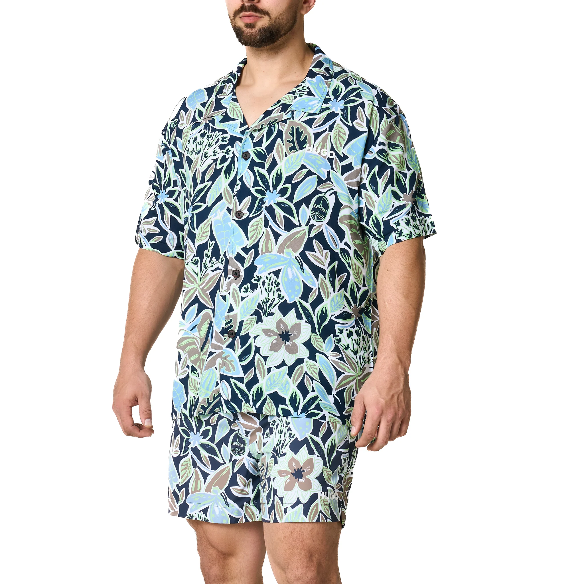 Mens HUGO Navy Leaf Print Relaxed Beach Shirt - Image 3