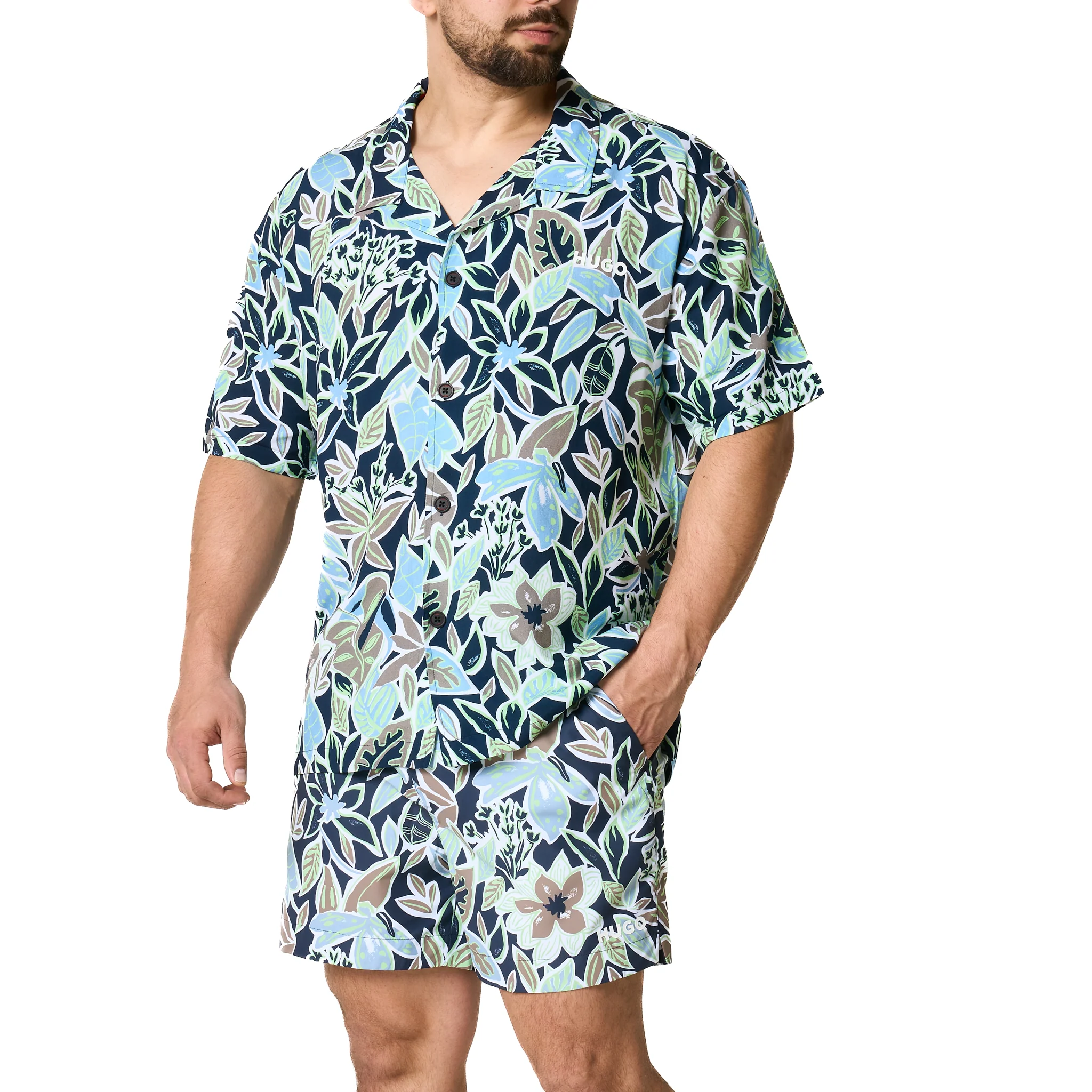 Mens HUGO Navy Leaf Print Relaxed Beach Shirt - Image 4