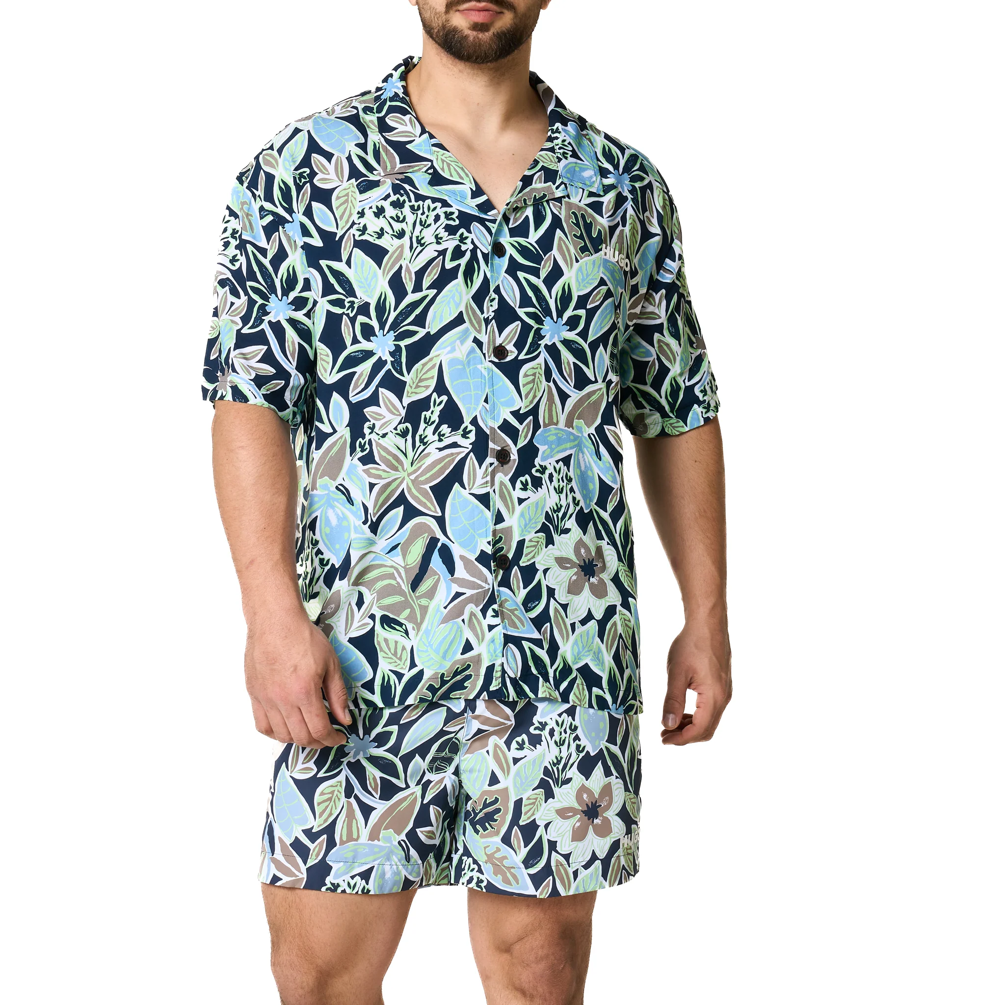 Mens HUGO Navy Leaf Print Relaxed Beach Shirt - Image 5