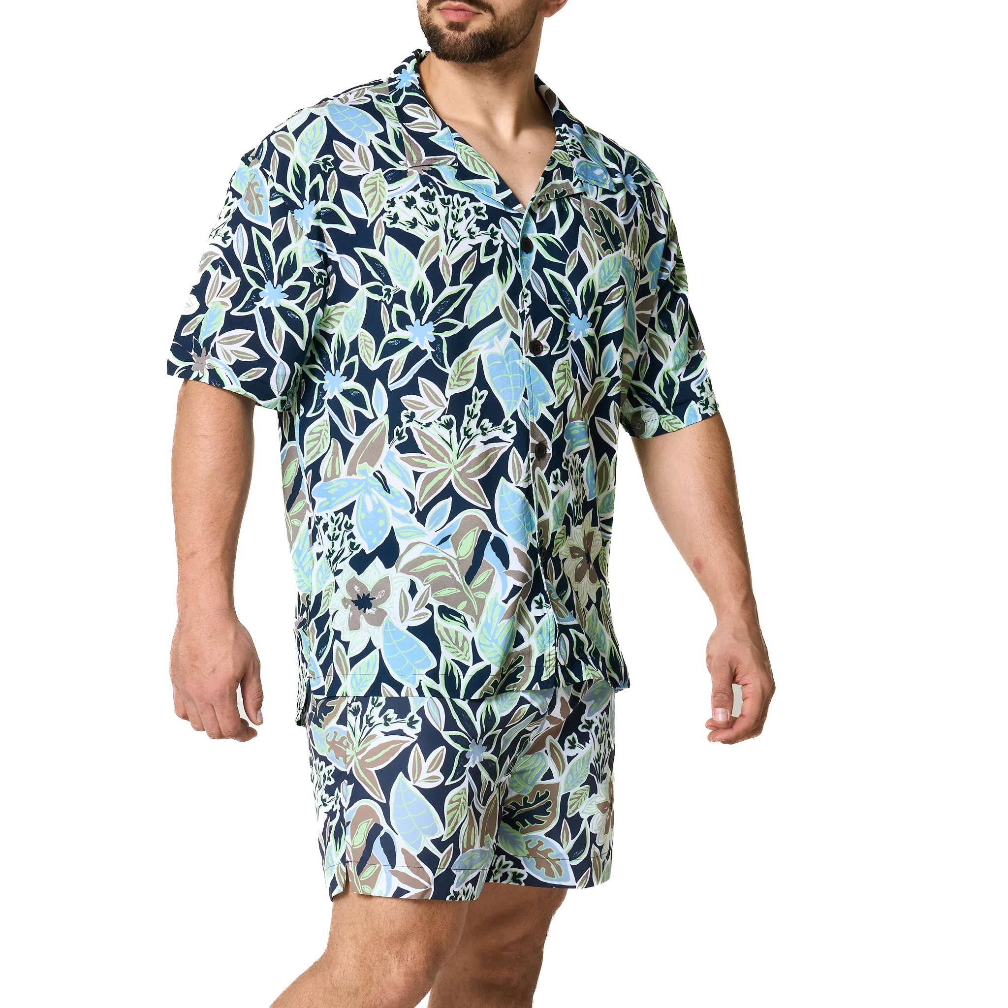 Mens HUGO Navy Leaf Print Relaxed Beach Shirt - Image 6