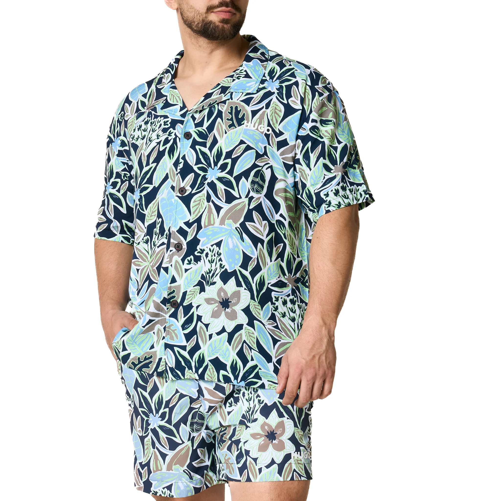 Mens HUGO Navy Leaf Print Relaxed Beach Shirt - Image 7