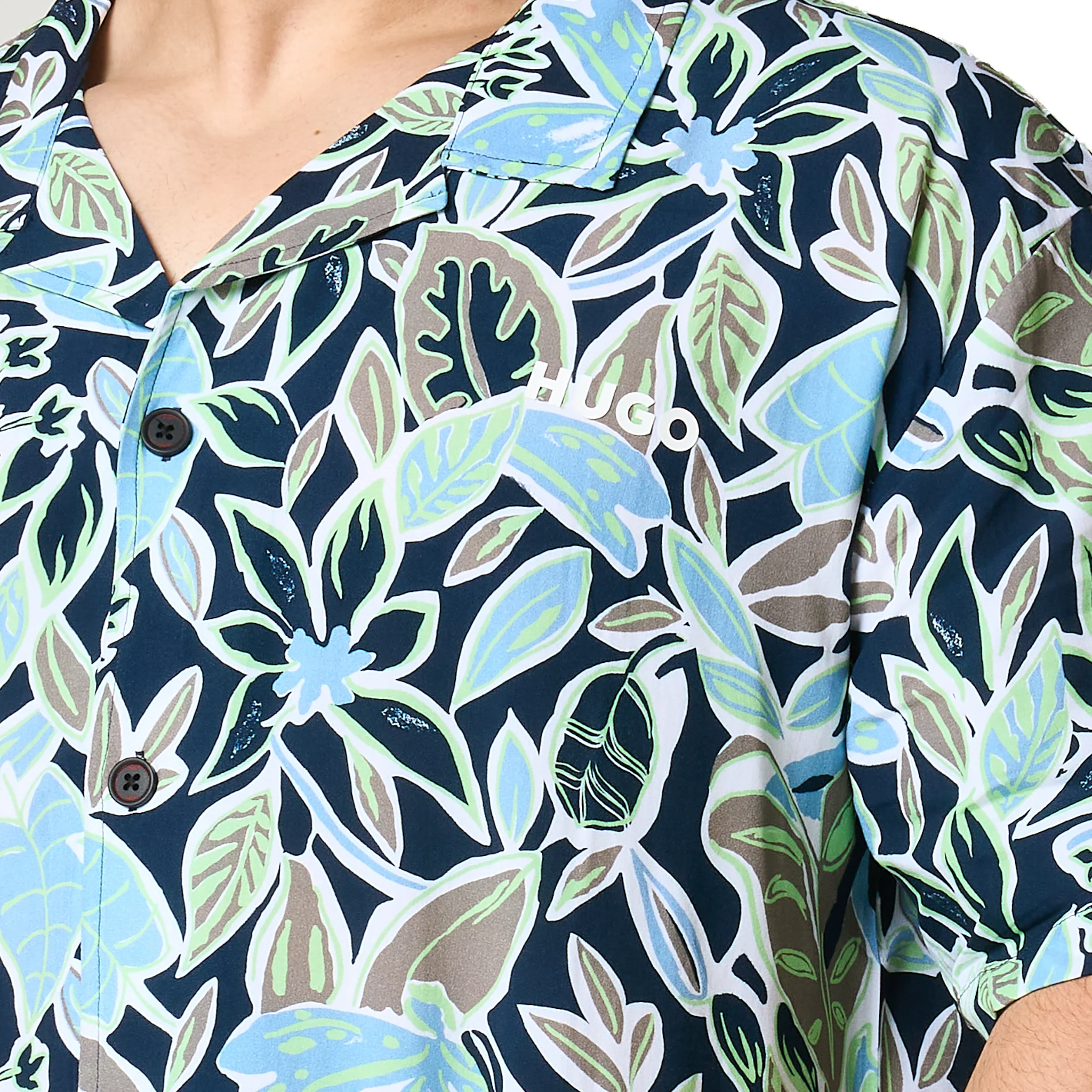 Mens HUGO Navy Leaf Print Relaxed Beach Shirt - Image 9