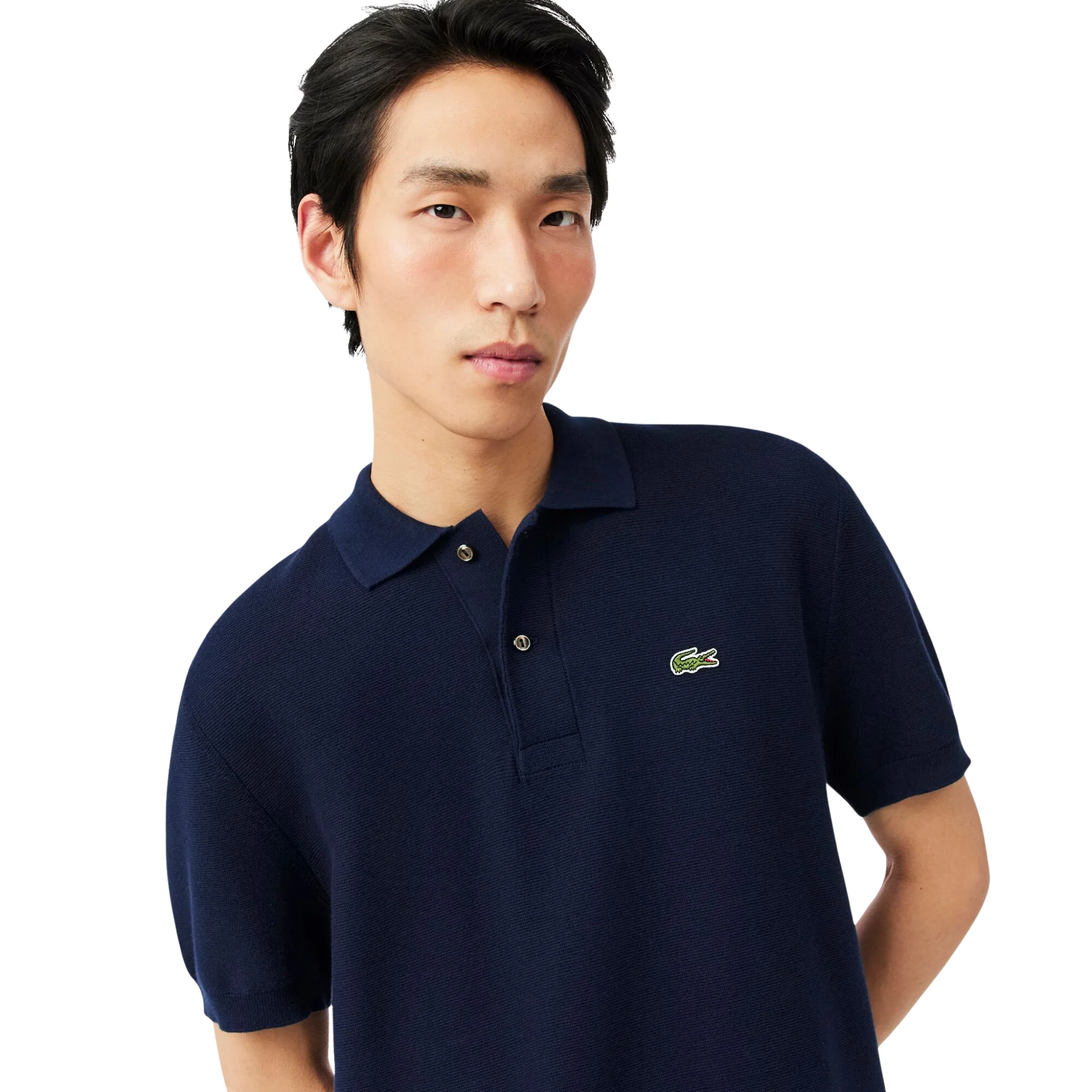 Mens Lacoste Navy Fine Knit Cotton S/s Polo - Image 4