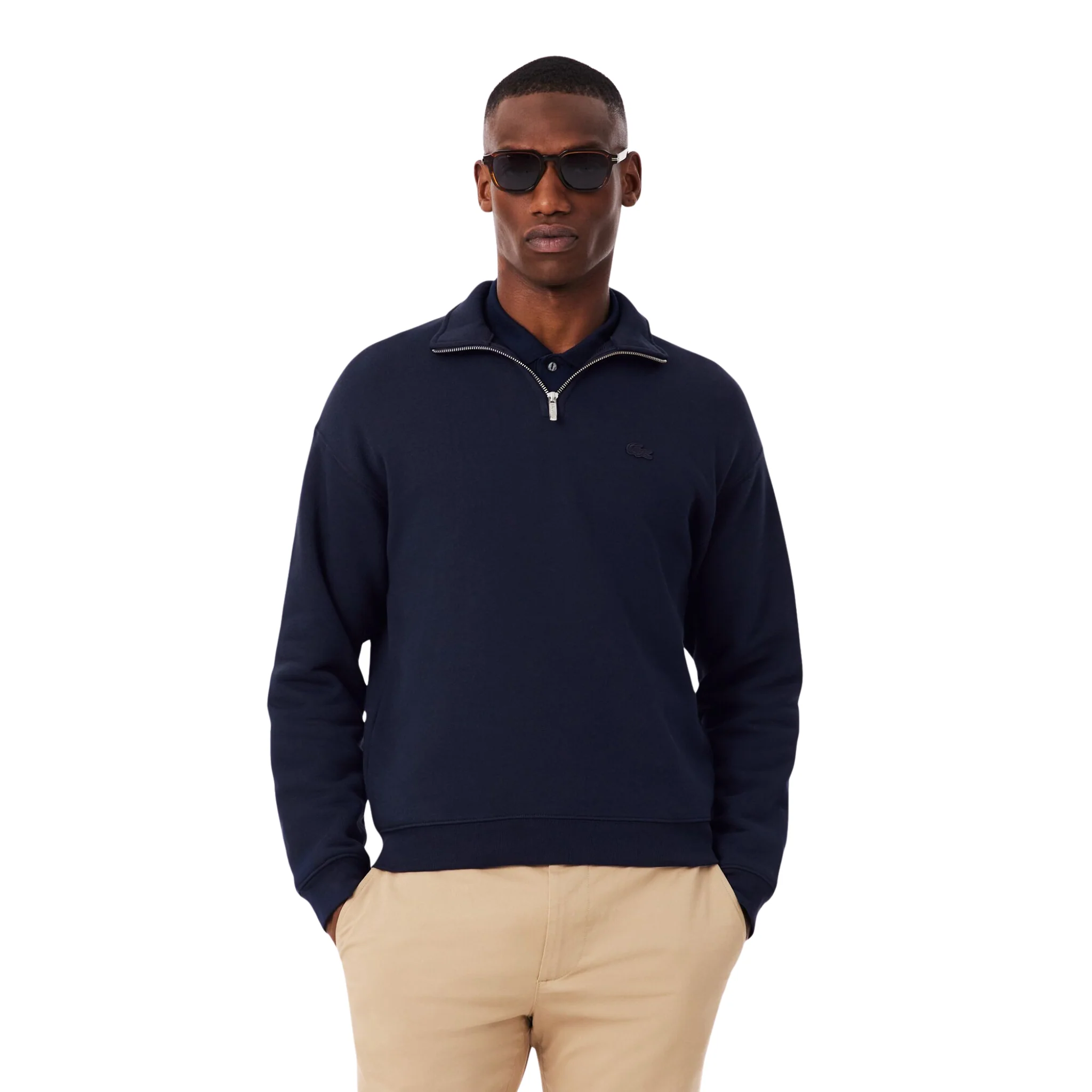 Mens Lacoste Navy Heavy Fleece Half Zip Sweatshirt - Image 4