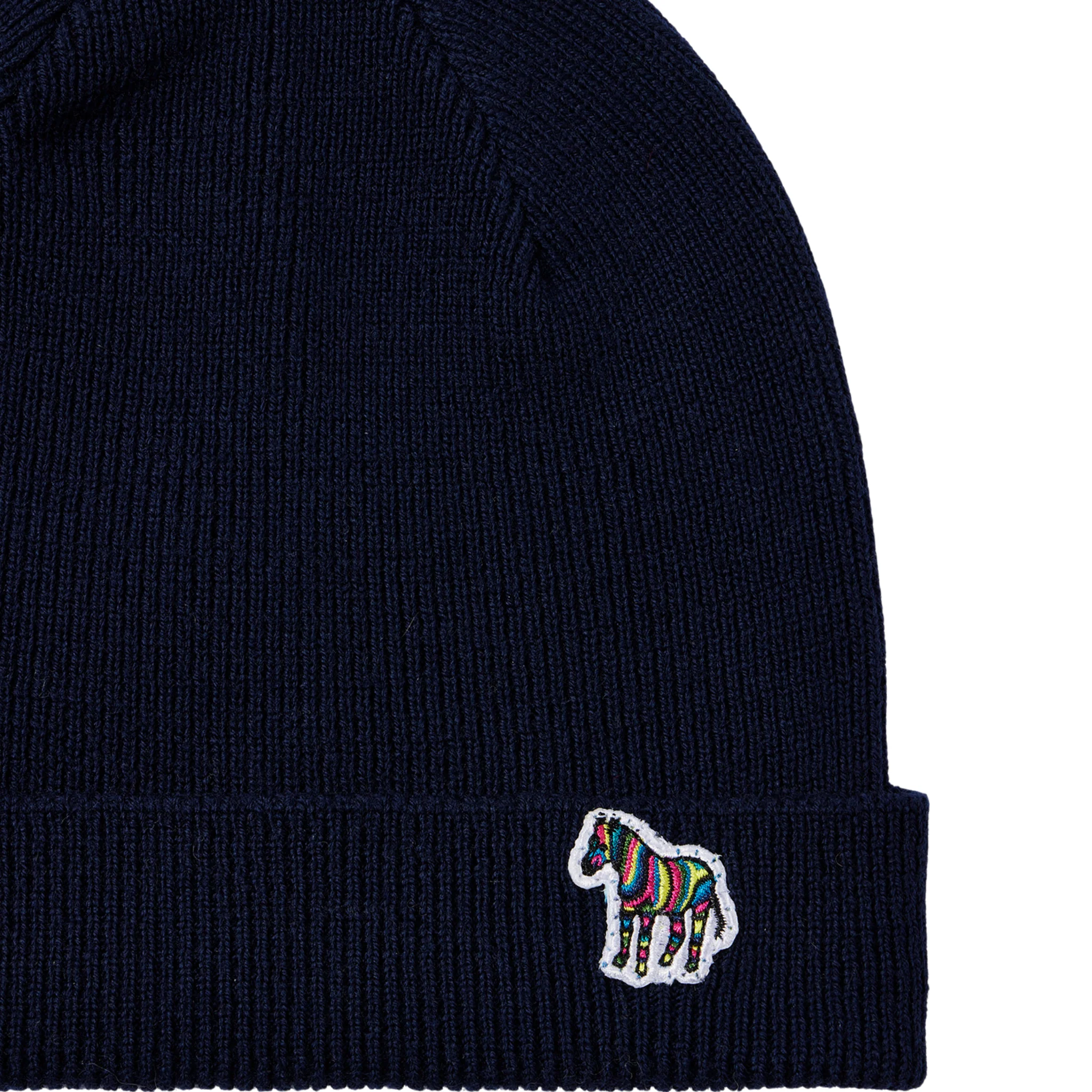 Mens Paul Smith Navy Zebra Badge Wool Beanie - Image 2