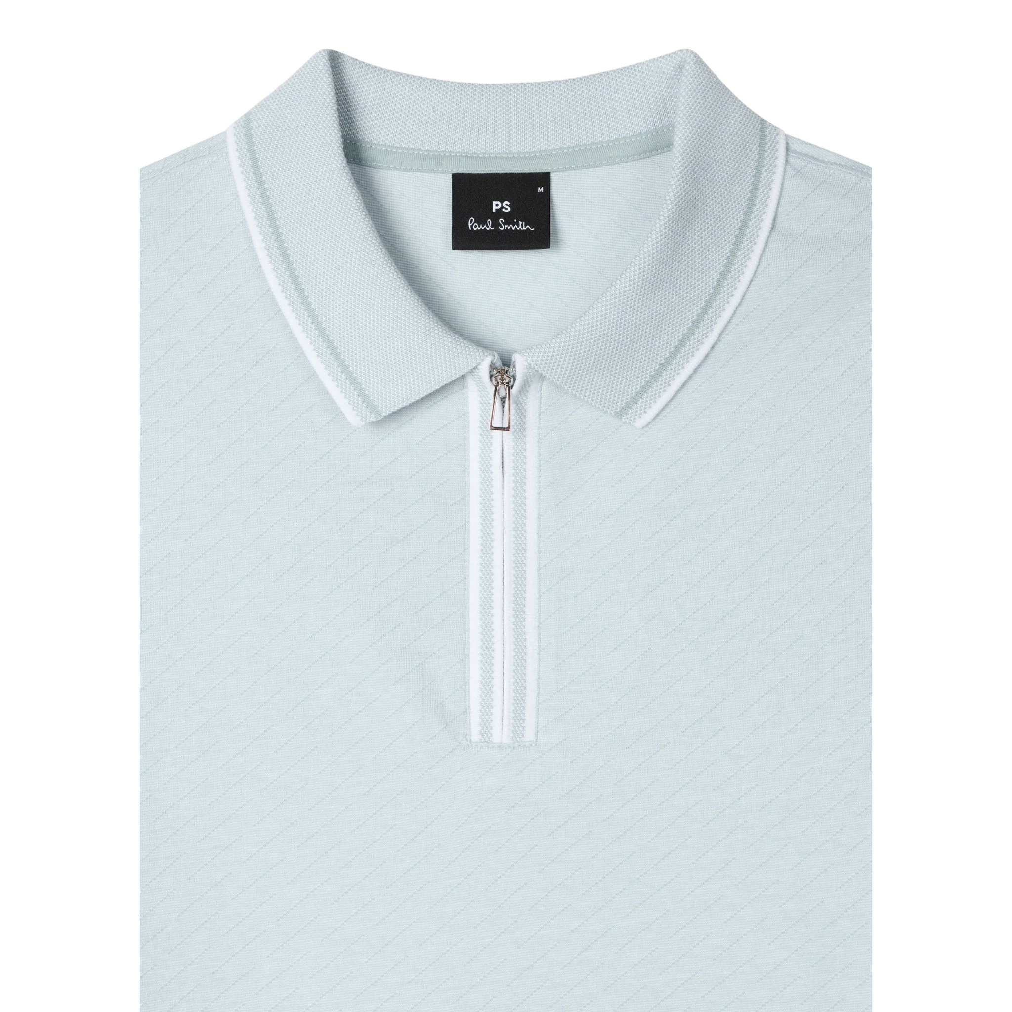 Mens Paul Smith Pale Blue Textured Zip Neck S/s Polo Shirt - Image 2