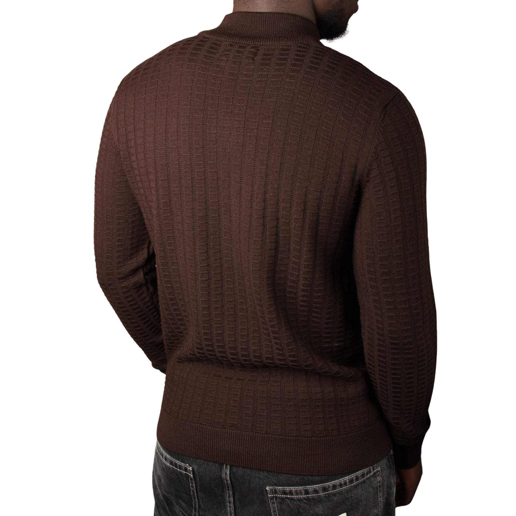 Mens Remus Uomo Brown Grid Structure Half Zip Knit - Image 2