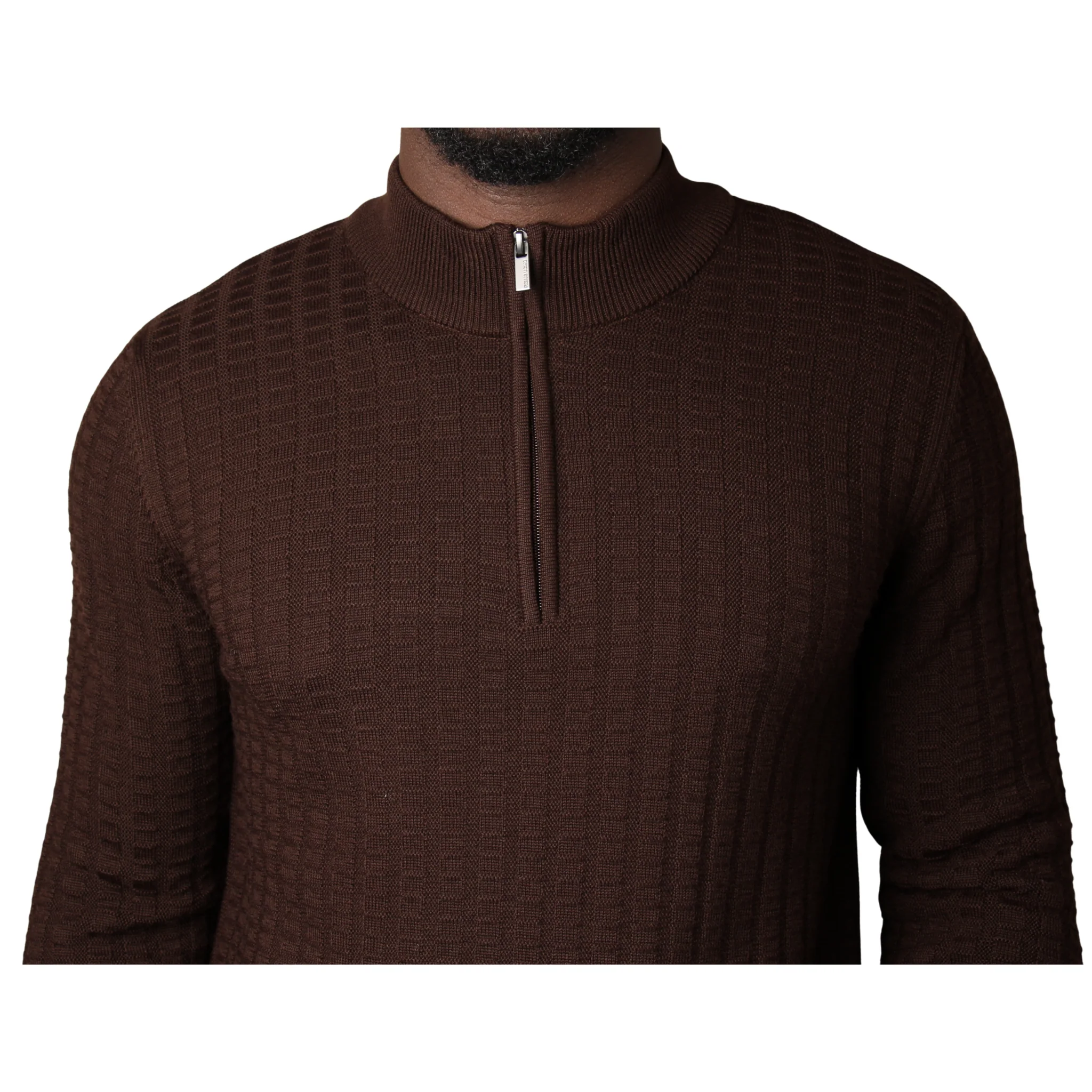 Mens Remus Uomo Brown Grid Structure Half Zip Knit - Image 3