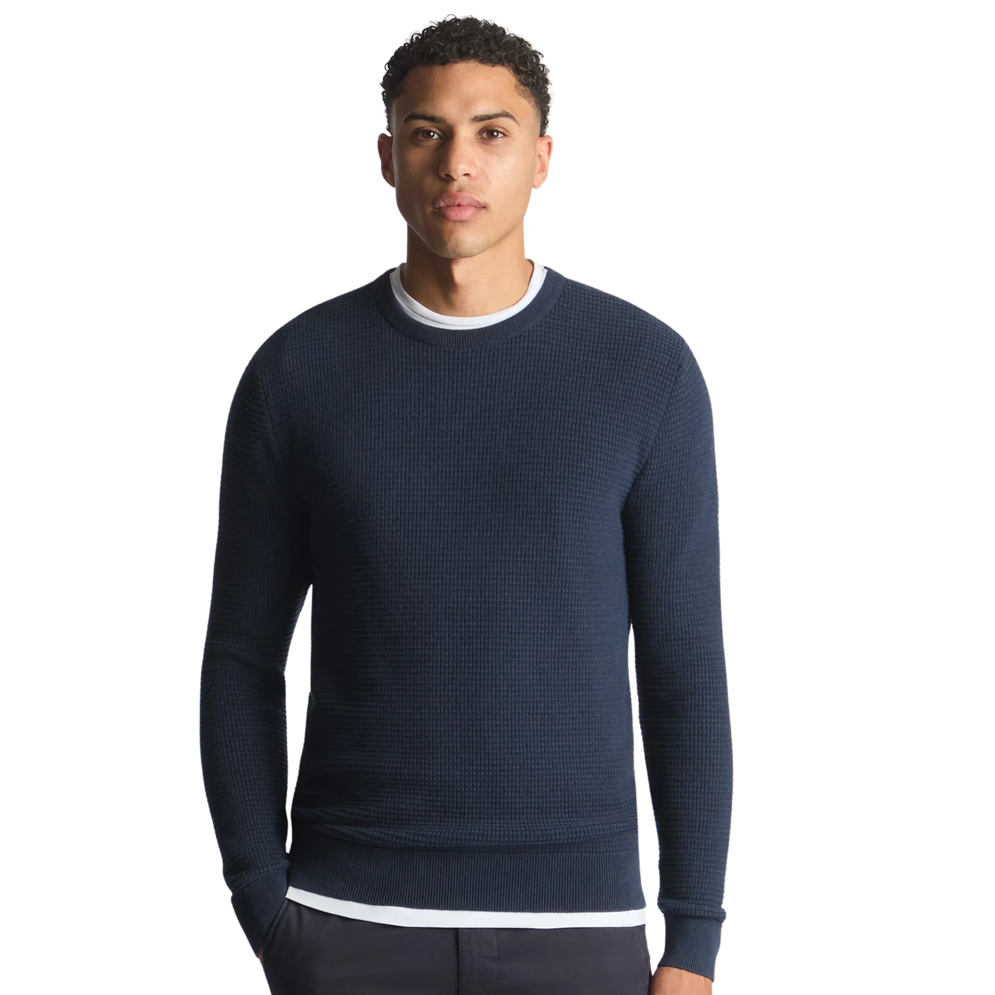 Mens Remus Uomo Dark Blue Grid Structure Crew Neck Knit - Image 2