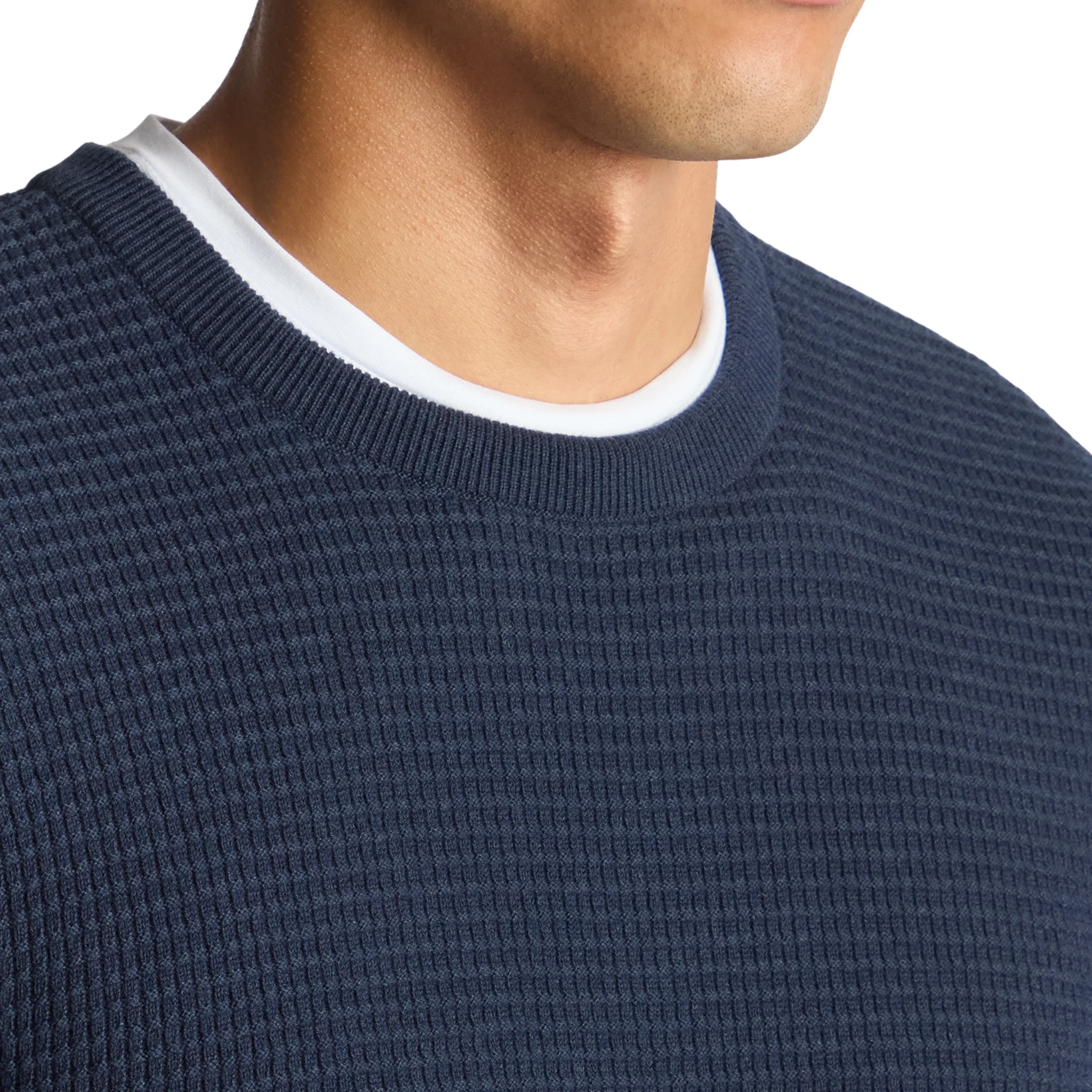 Mens Remus Uomo Dark Blue Grid Structure Crew Neck Knit - Image 3