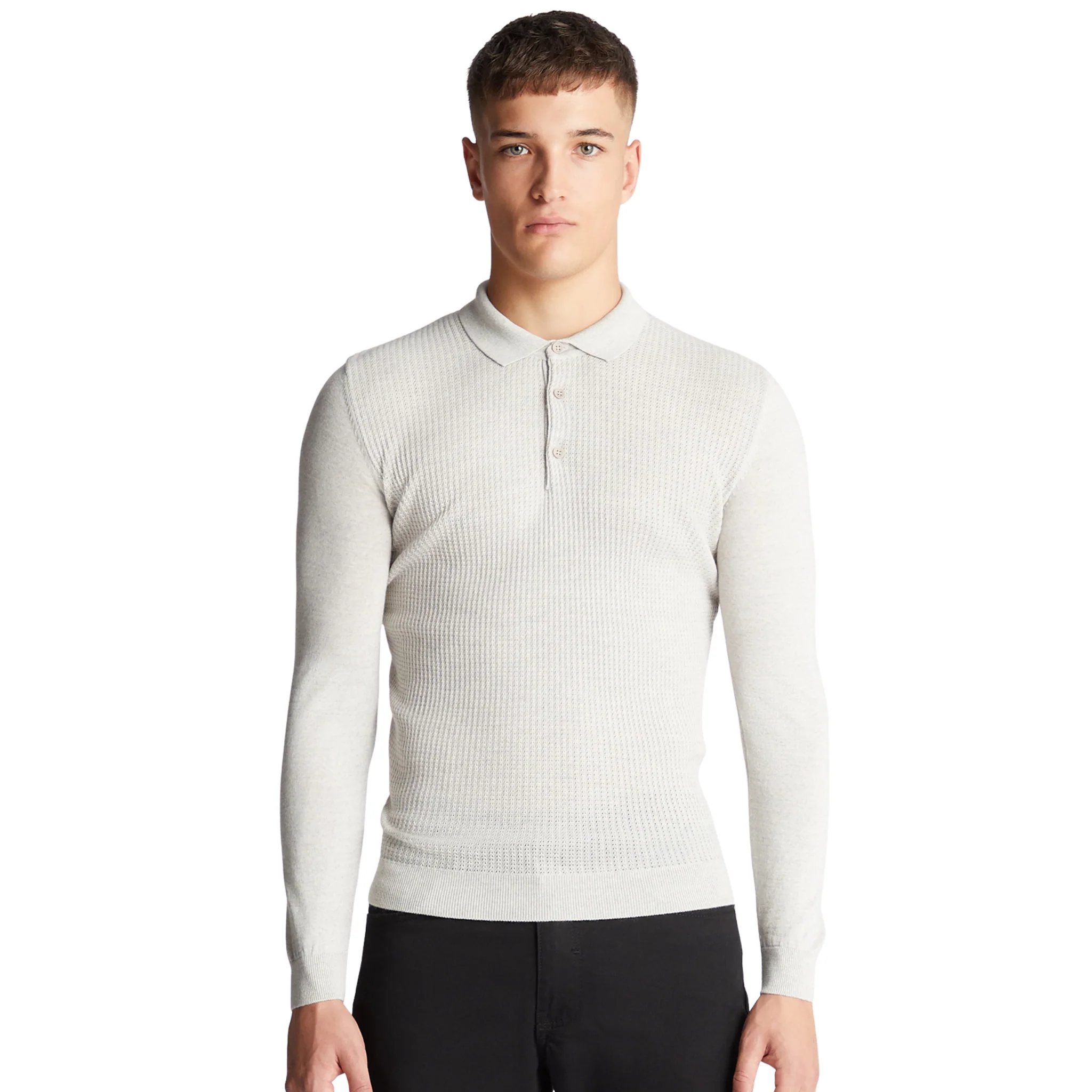 Mens Remus Uomo Light Grey Texture Knitted L/s Polo Shirt - Image 2