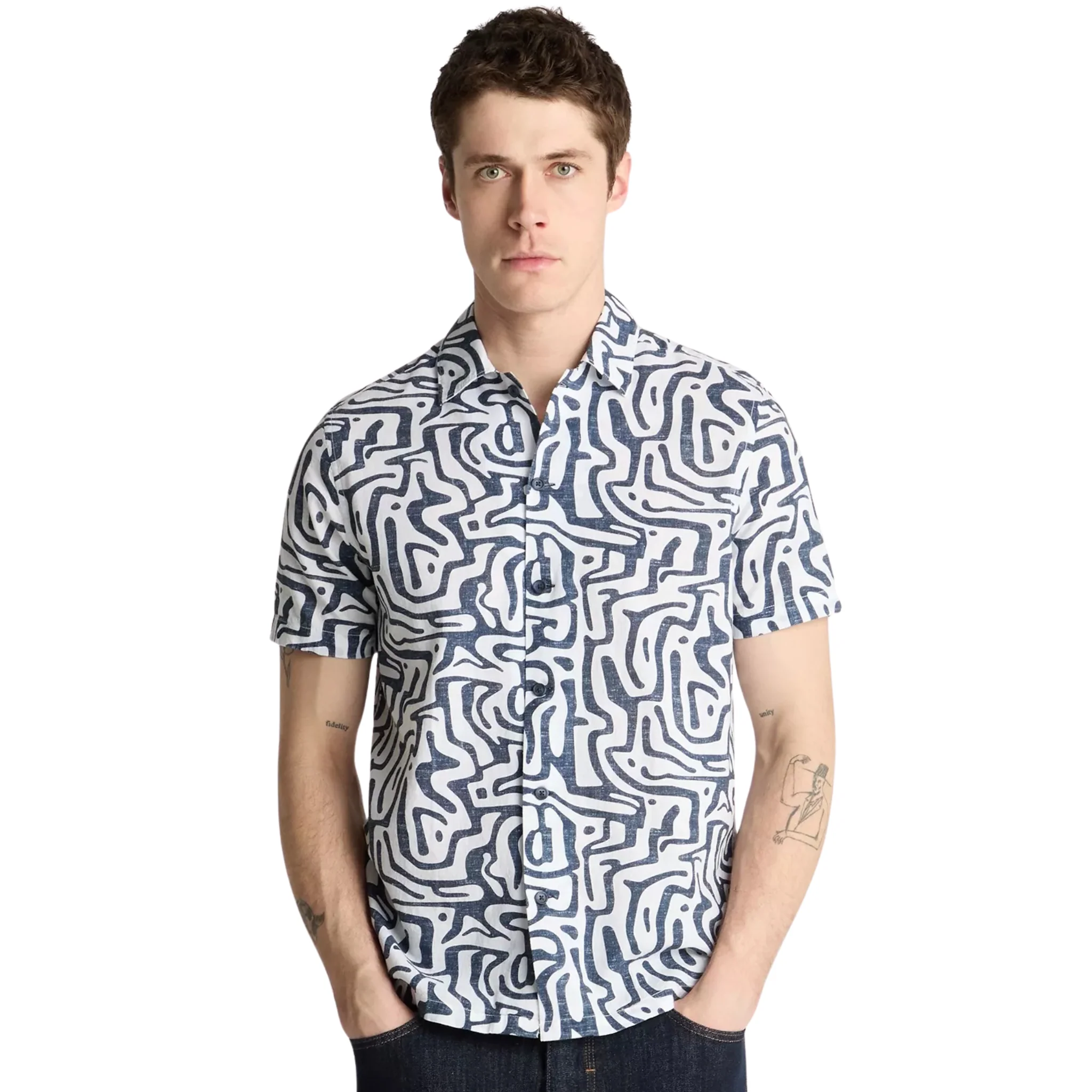 Mens Remus Uomo Navy Abstract Print Tapered Fit S/s Shirt - Image 3
