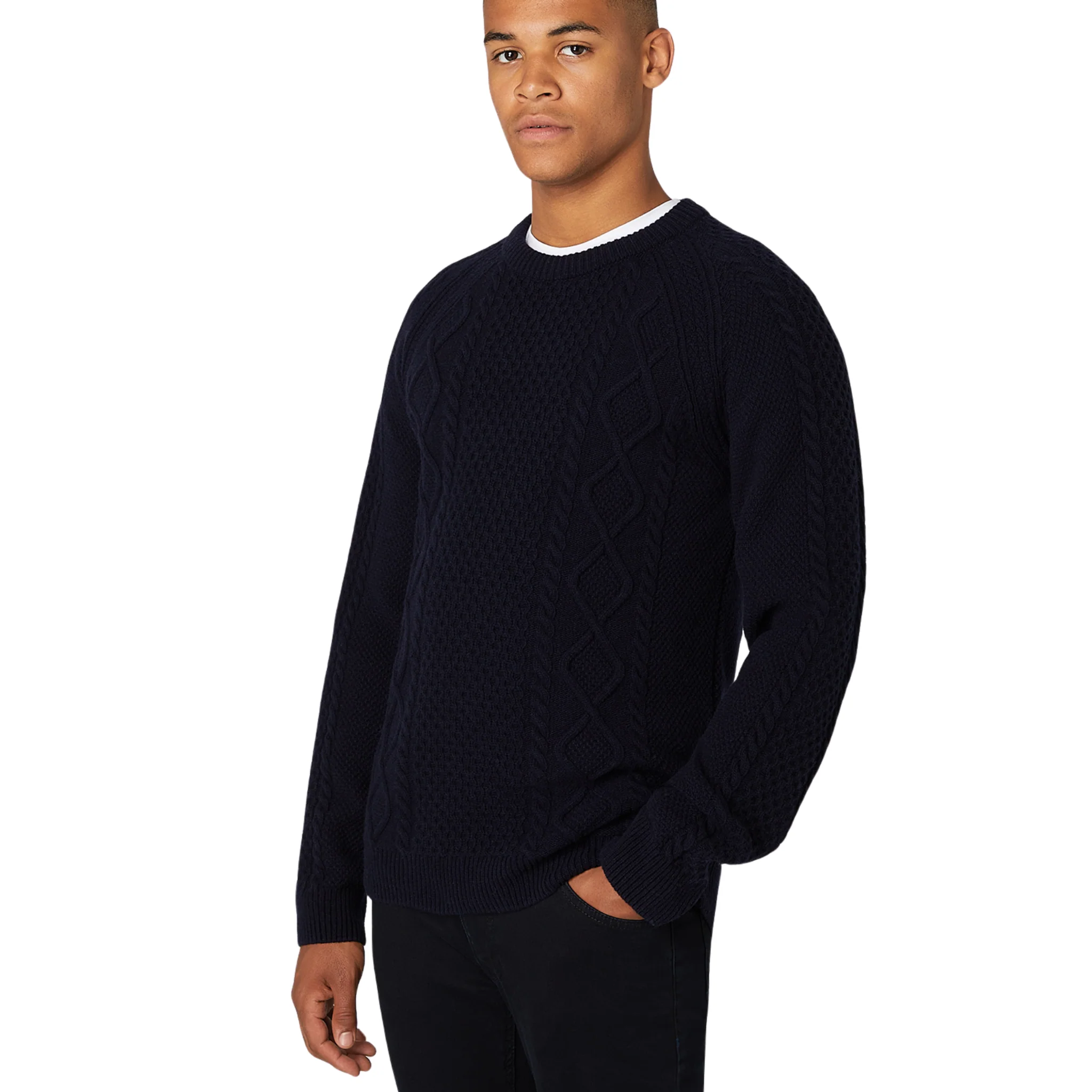 Mens Remus Uomo Navy Cable Knit Jumper - Image 2