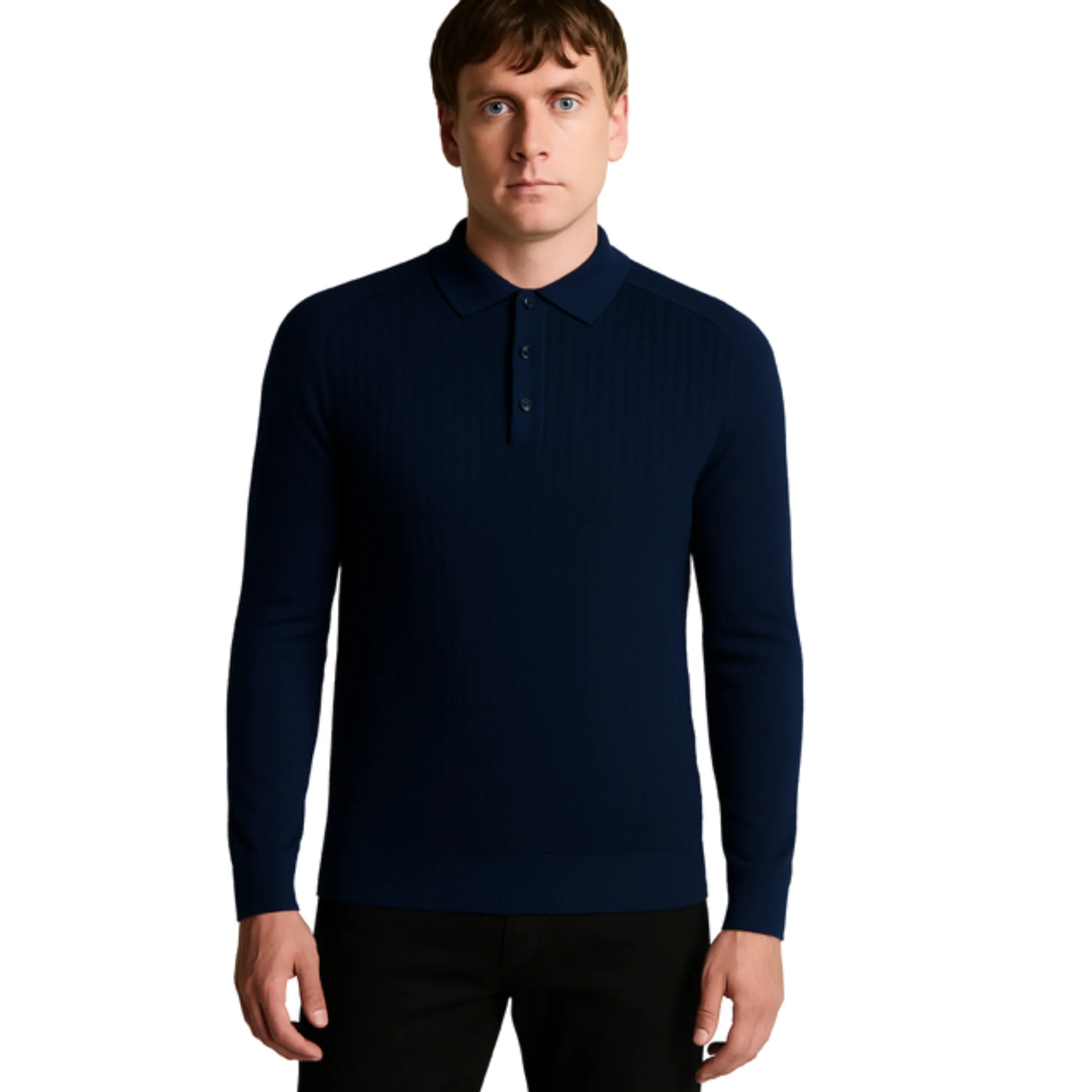 Mens Remus Uomo Navy Micro Grid Structure Knitted L/s Polo - Image 2