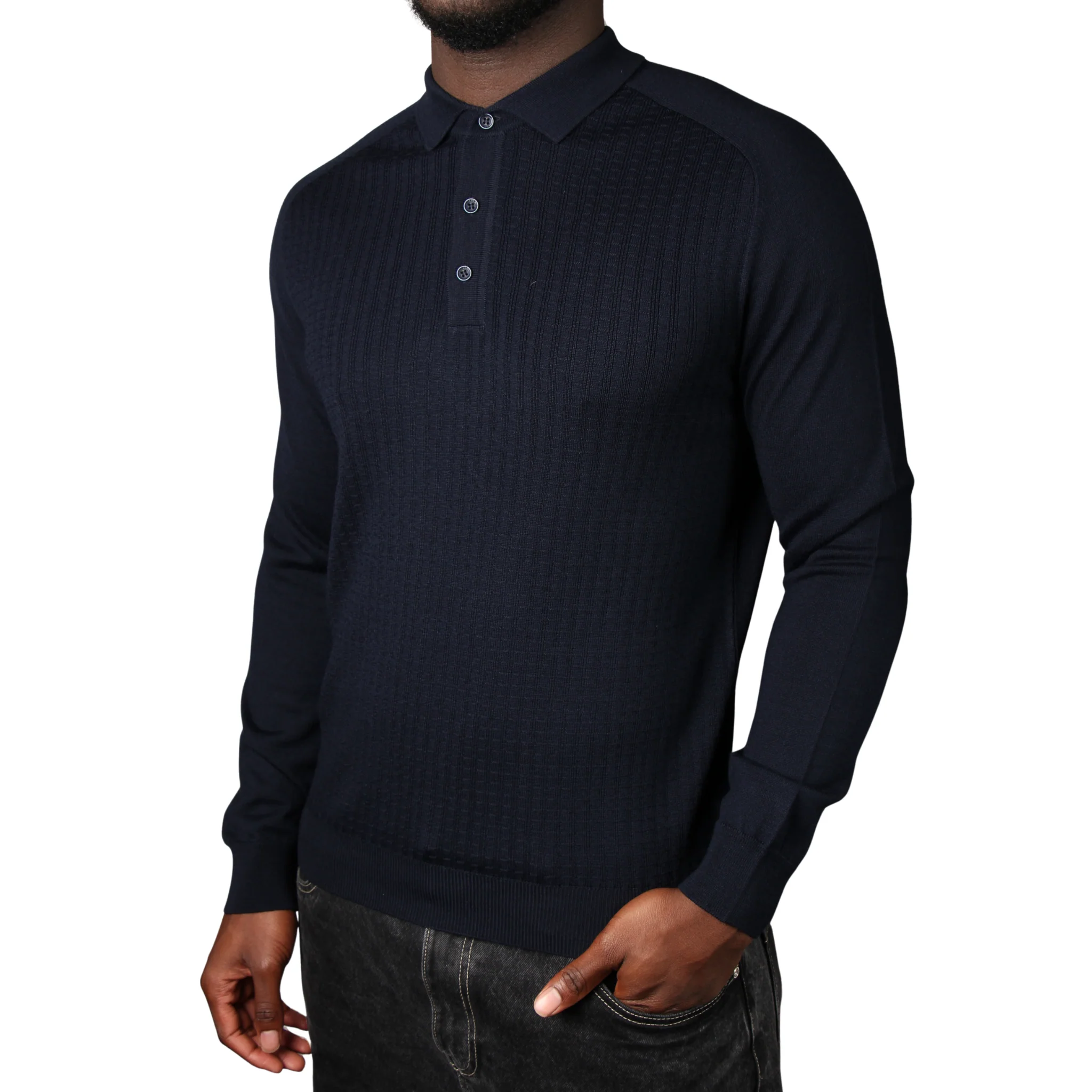 Mens Remus Uomo Navy Micro Grid Structure Knitted L/s Polo - Image 4