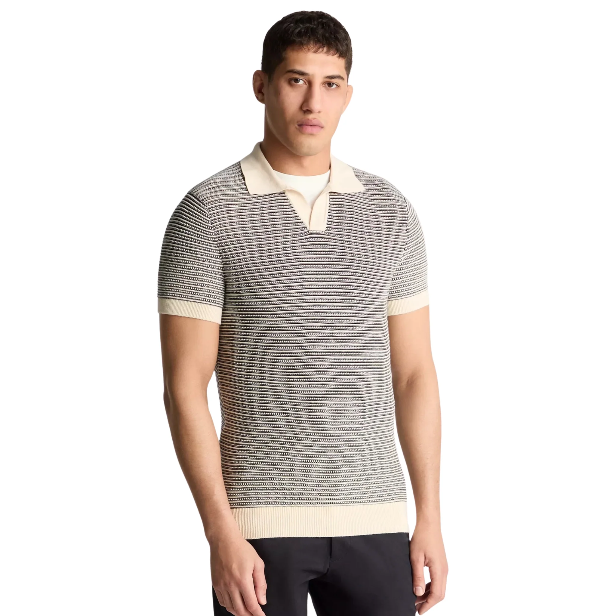 Mens Remus Uomo Navy Stripe Knit Open Collar S/s Polo Shirt - Image 2