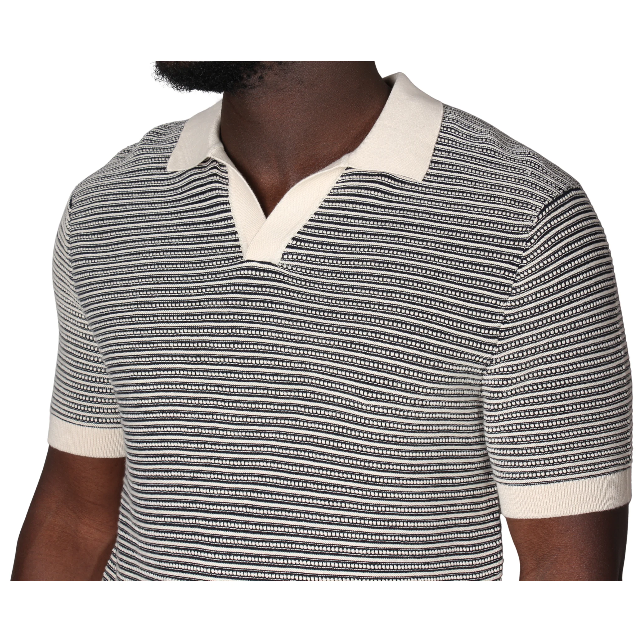 Mens Remus Uomo Navy Stripe Knit Open Collar S/s Polo Shirt - Image 3