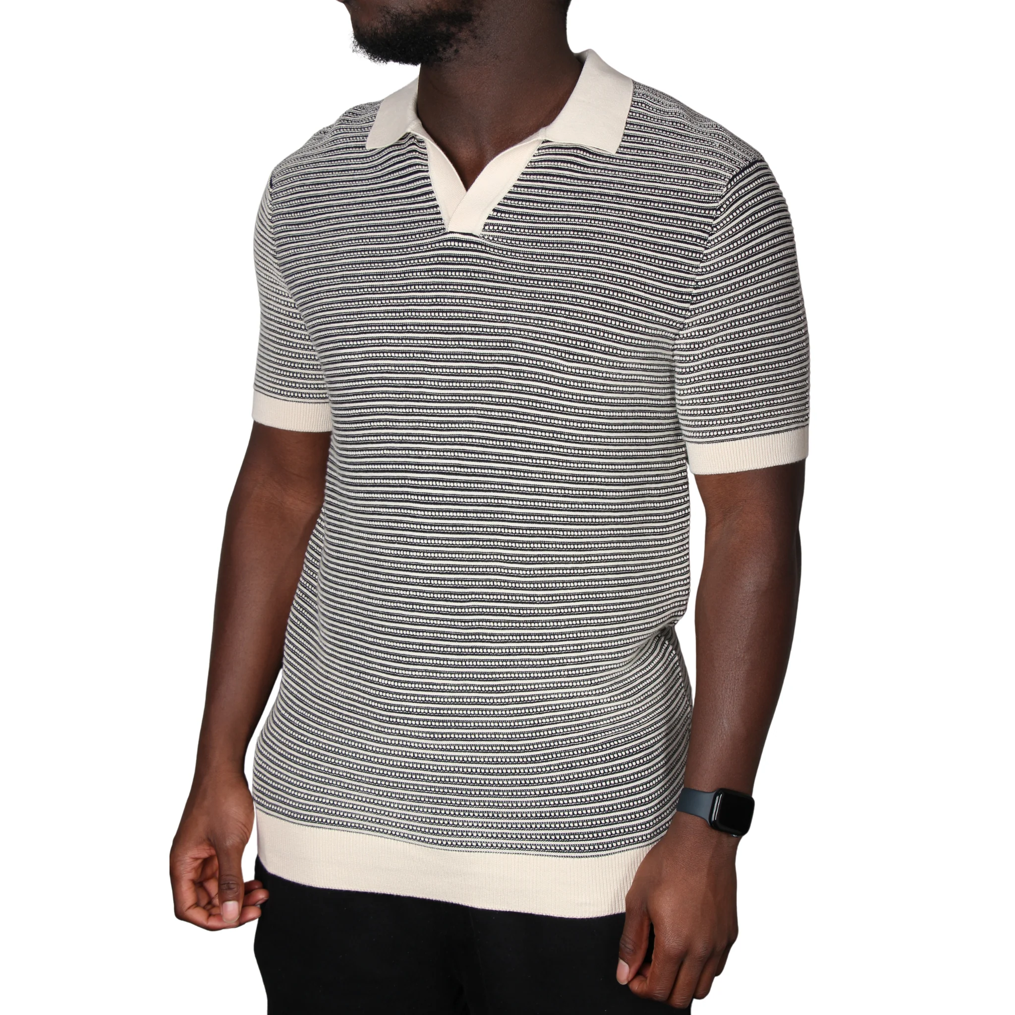 Mens Remus Uomo Navy Stripe Knit Open Collar S/s Polo Shirt - Image 4