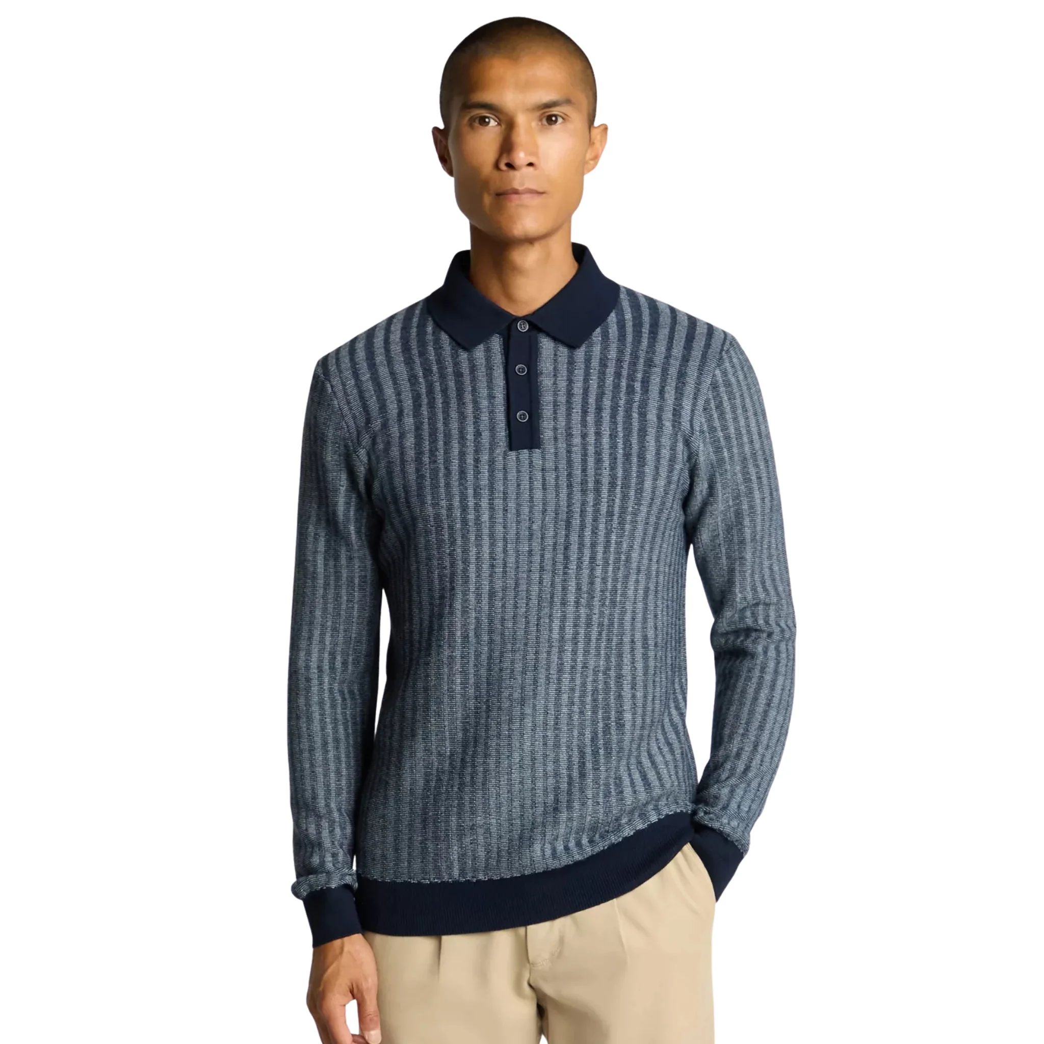 Mens Remus Uomo Slate Blue Jacquard Stripe Knitted L/s Polo - Image 3