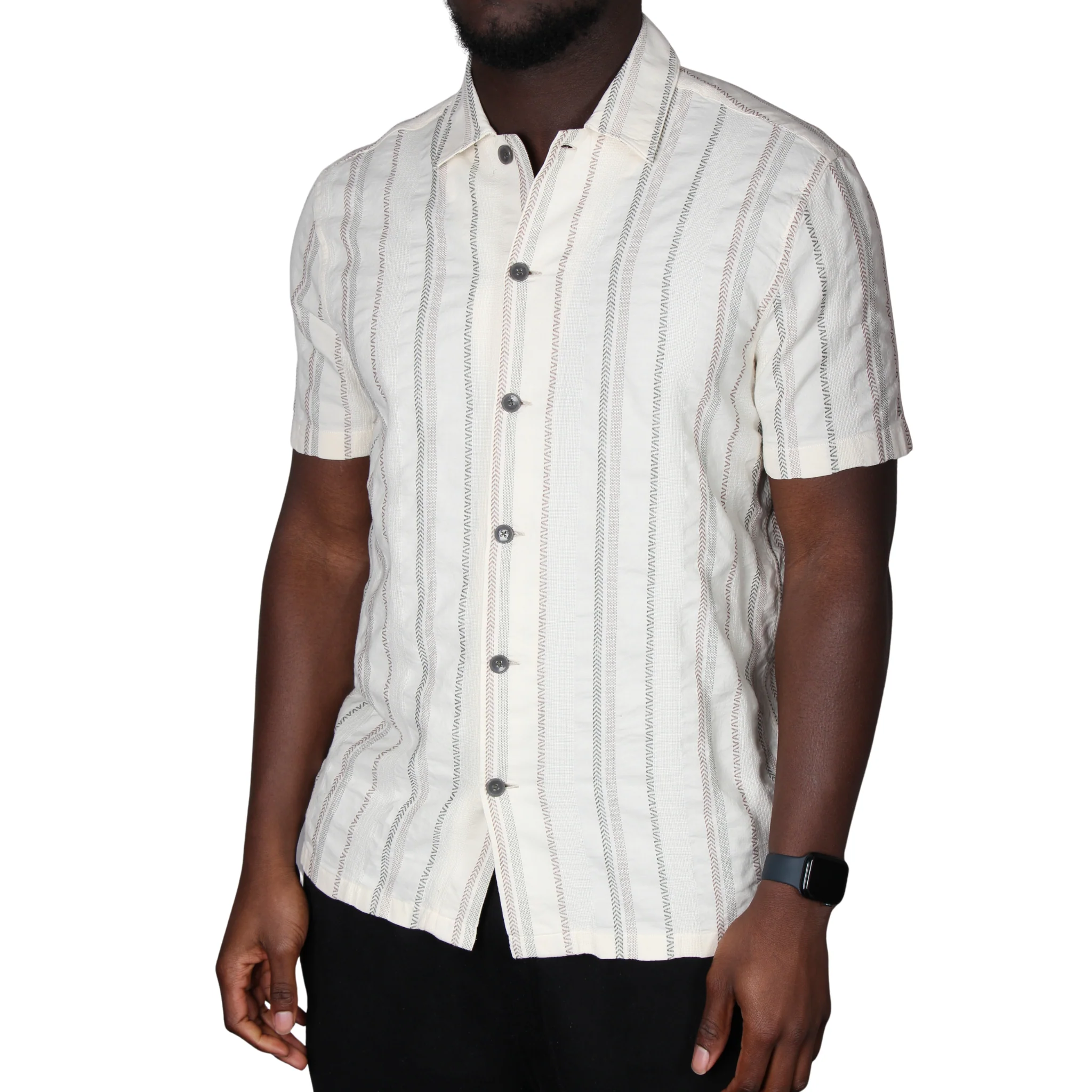 Mens Remus Uomo Stone Woven Stripe Tapered Fit S/s Shirt - Image 4