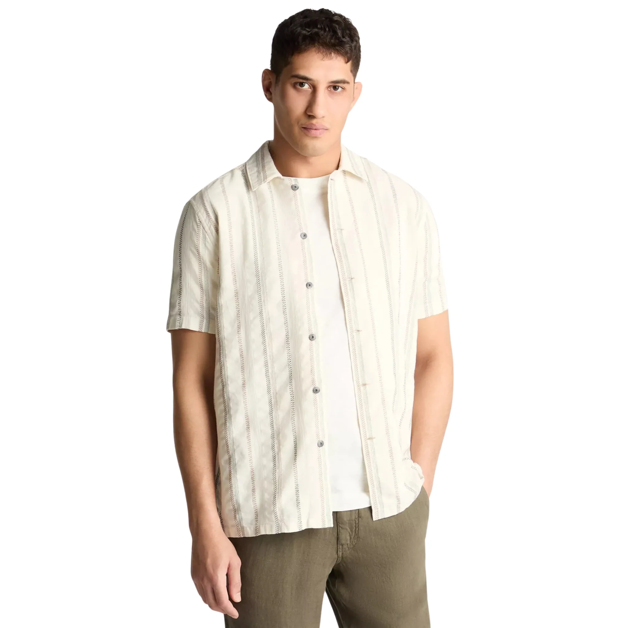Mens Remus Uomo Stone Woven Stripe Tapered Fit S/s Shirt - Image 8