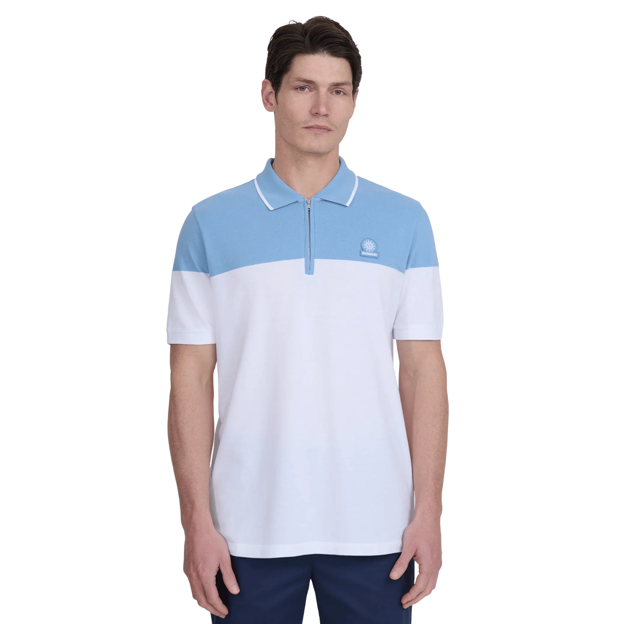Mens Sandbanks Dusty Blue Colour Block Zip S/s Polo Shirt - Image 2