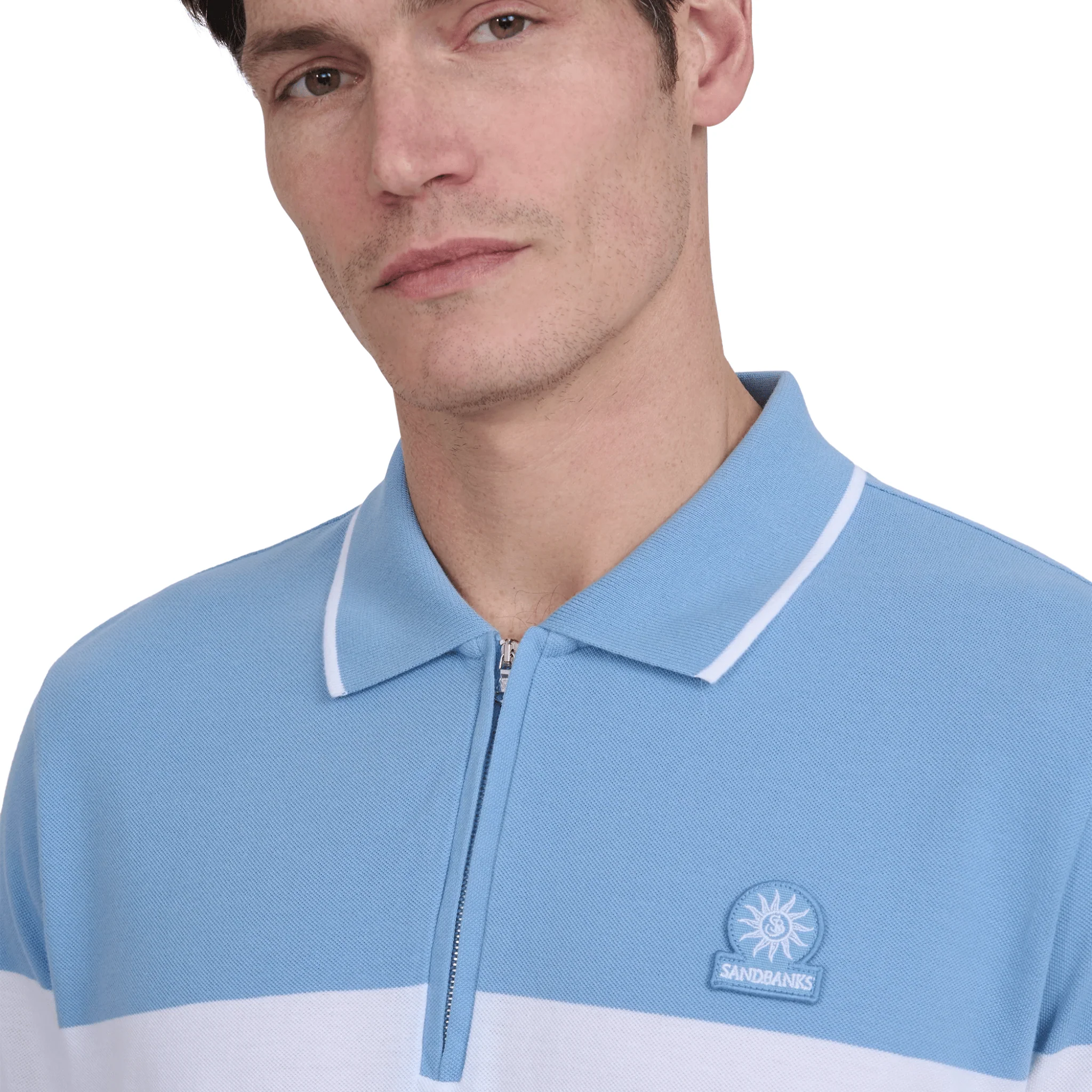 Mens Sandbanks Dusty Blue Colour Block Zip S/s Polo Shirt - Image 3