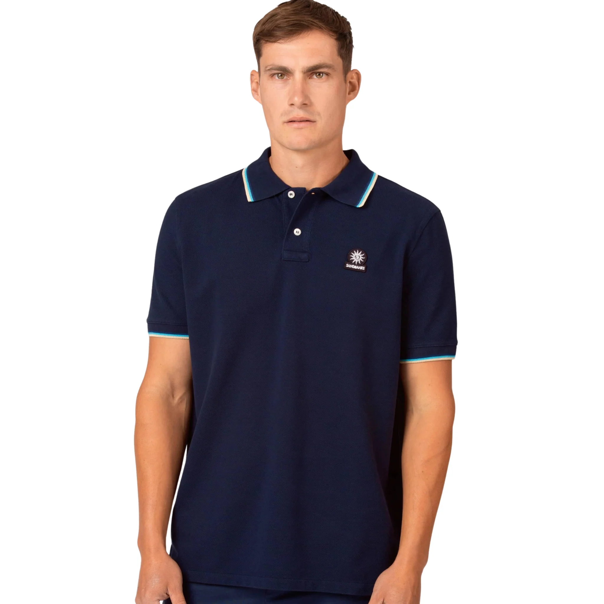 Mens Sandbanks Navy Badge Logo Tipped S/s Polo Shirt - Image 3