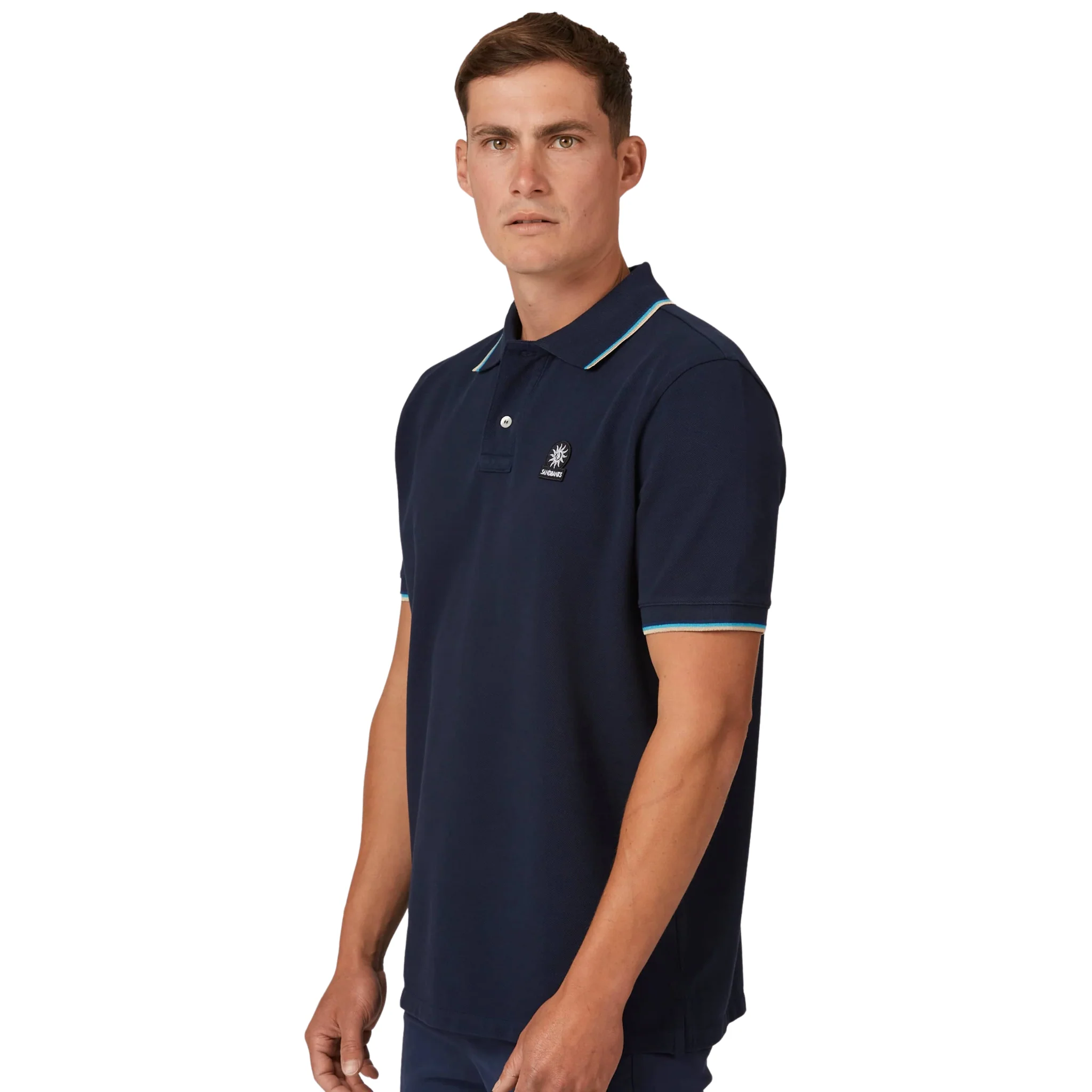 Mens Sandbanks Navy Badge Logo Tipped S/s Polo Shirt - Image 4